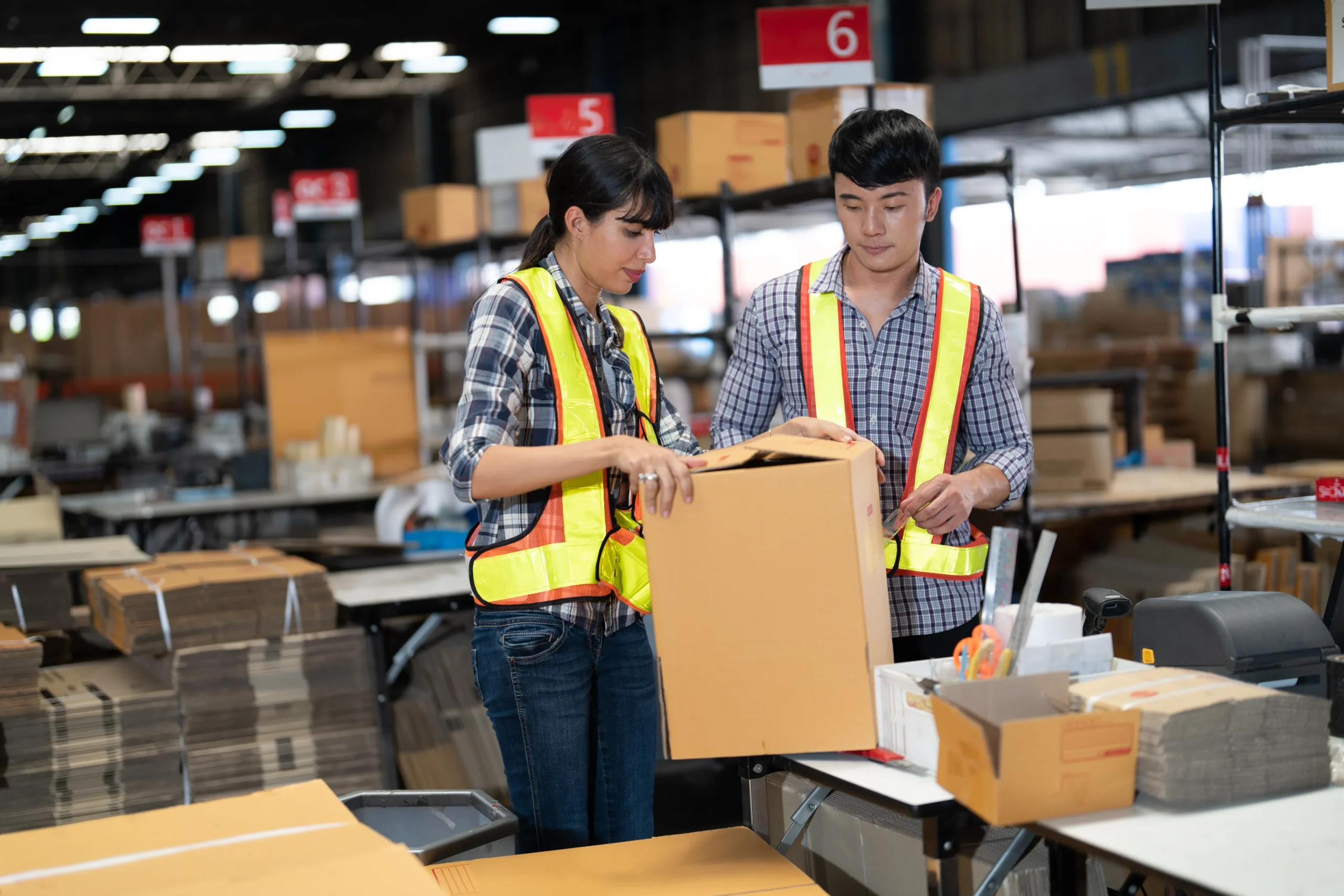 Two warehouse workers in high-visibility vests packing boxes in a large logistics facility. A key part of third-party logistics (3PL) operations.