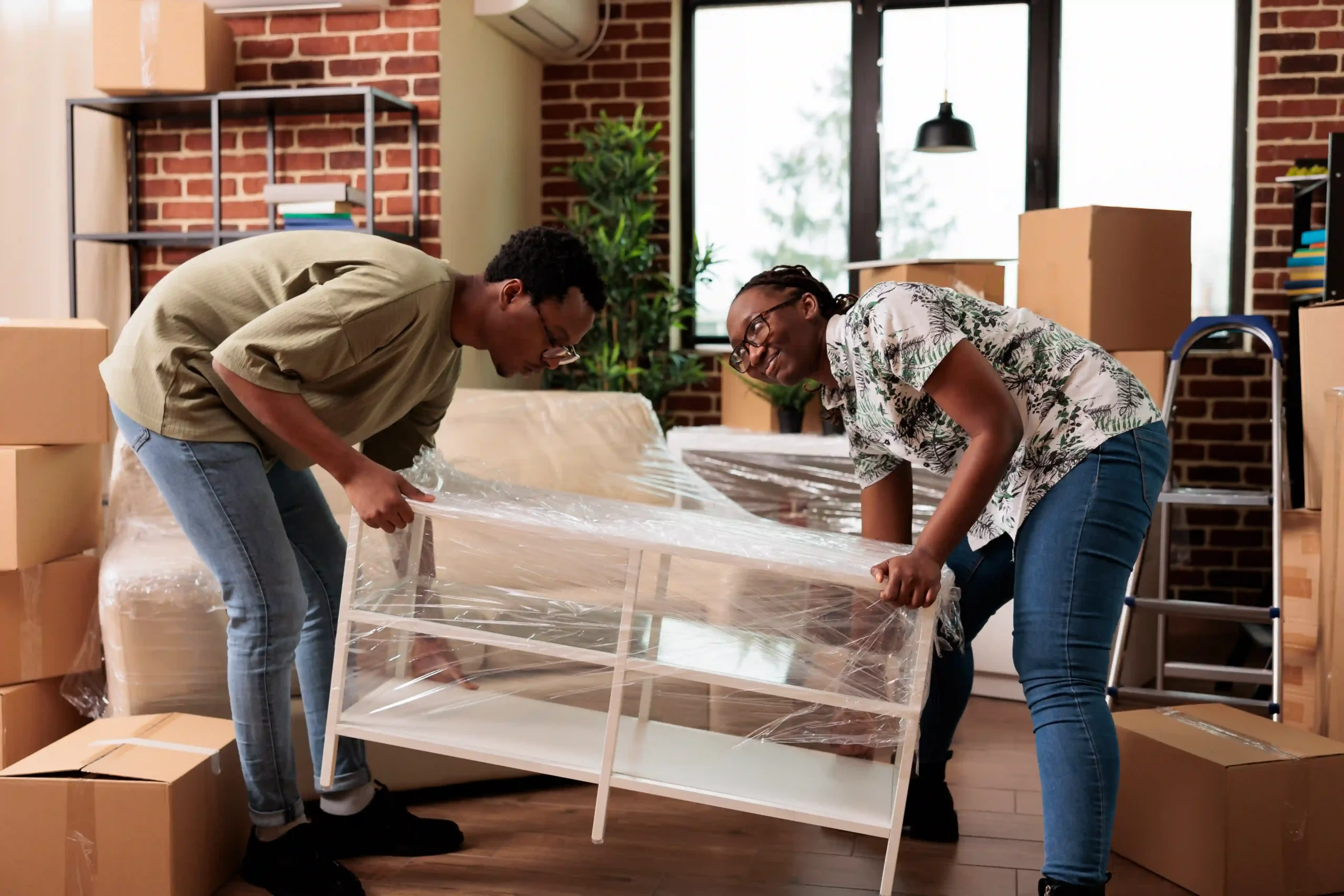 Two people carefully handling a wrapped table during a contract furniture transport move in a modern apartment.