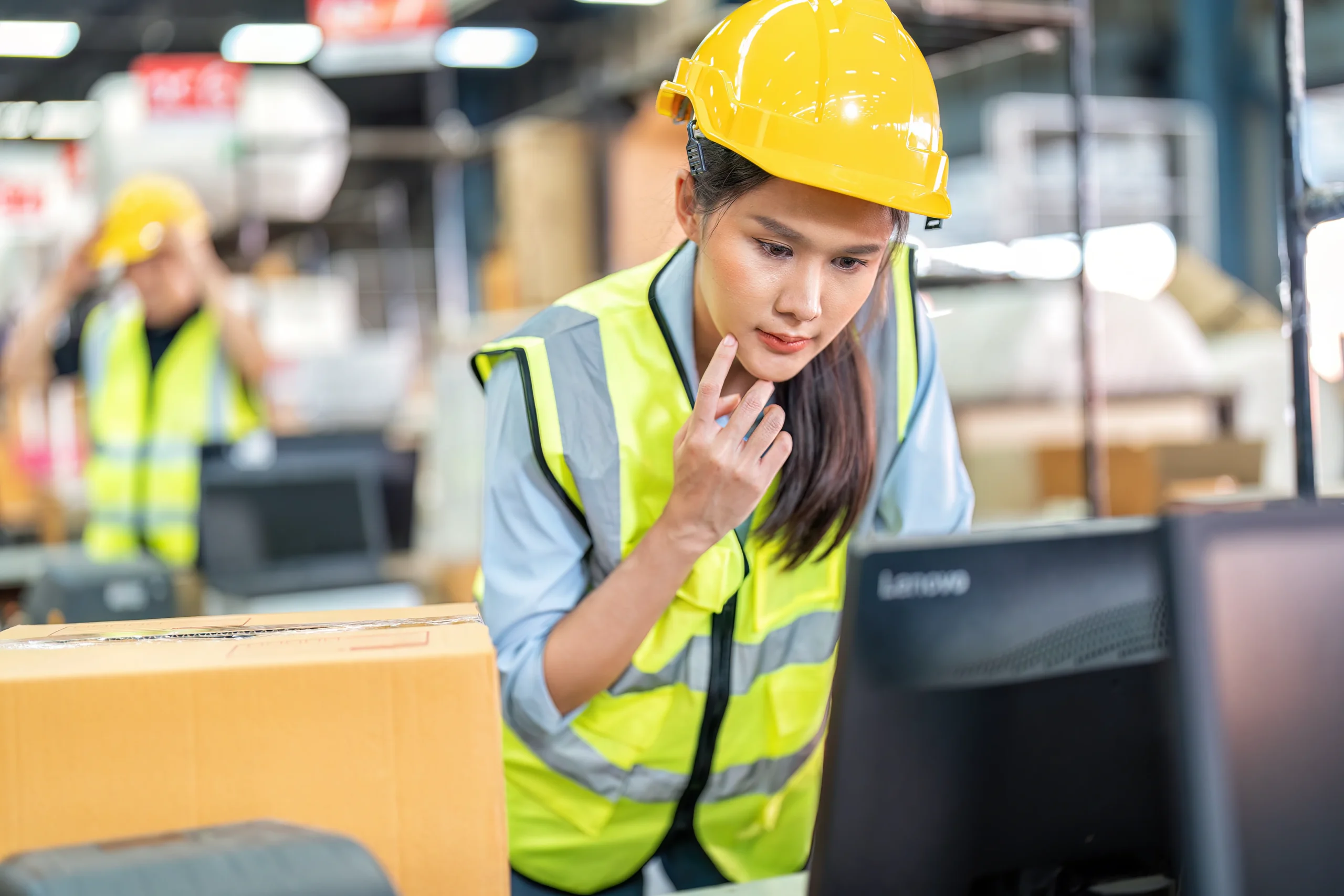 Warehouse employee wearing a yellow safety helmet and reflective vest, checking product data on a computer, ensuring inventory accuracy through a warehouse management system.