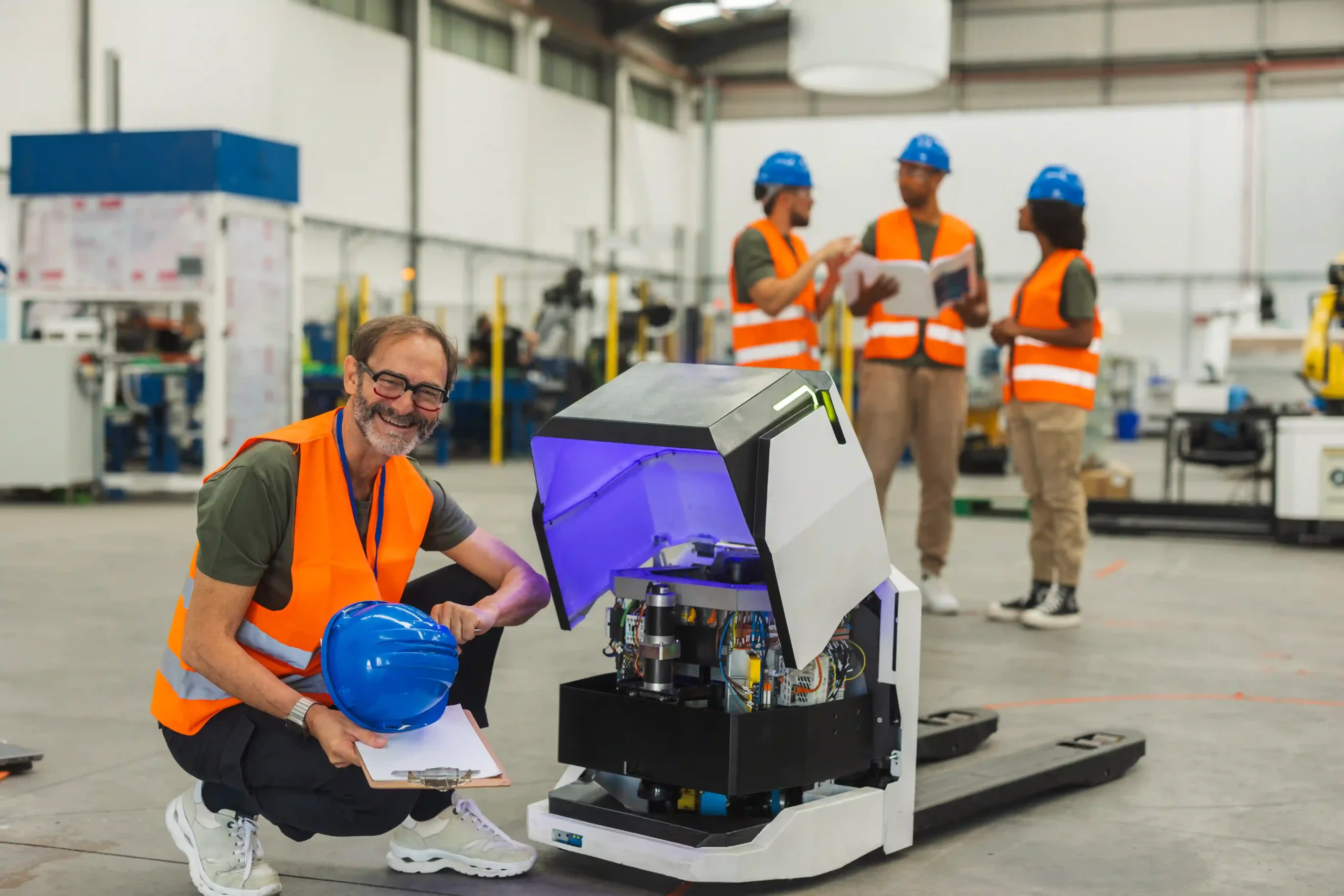 Engineer maintaining an automated guided vehicle in a warehouse, optimizing palletizing robot performance and cost efficiency.