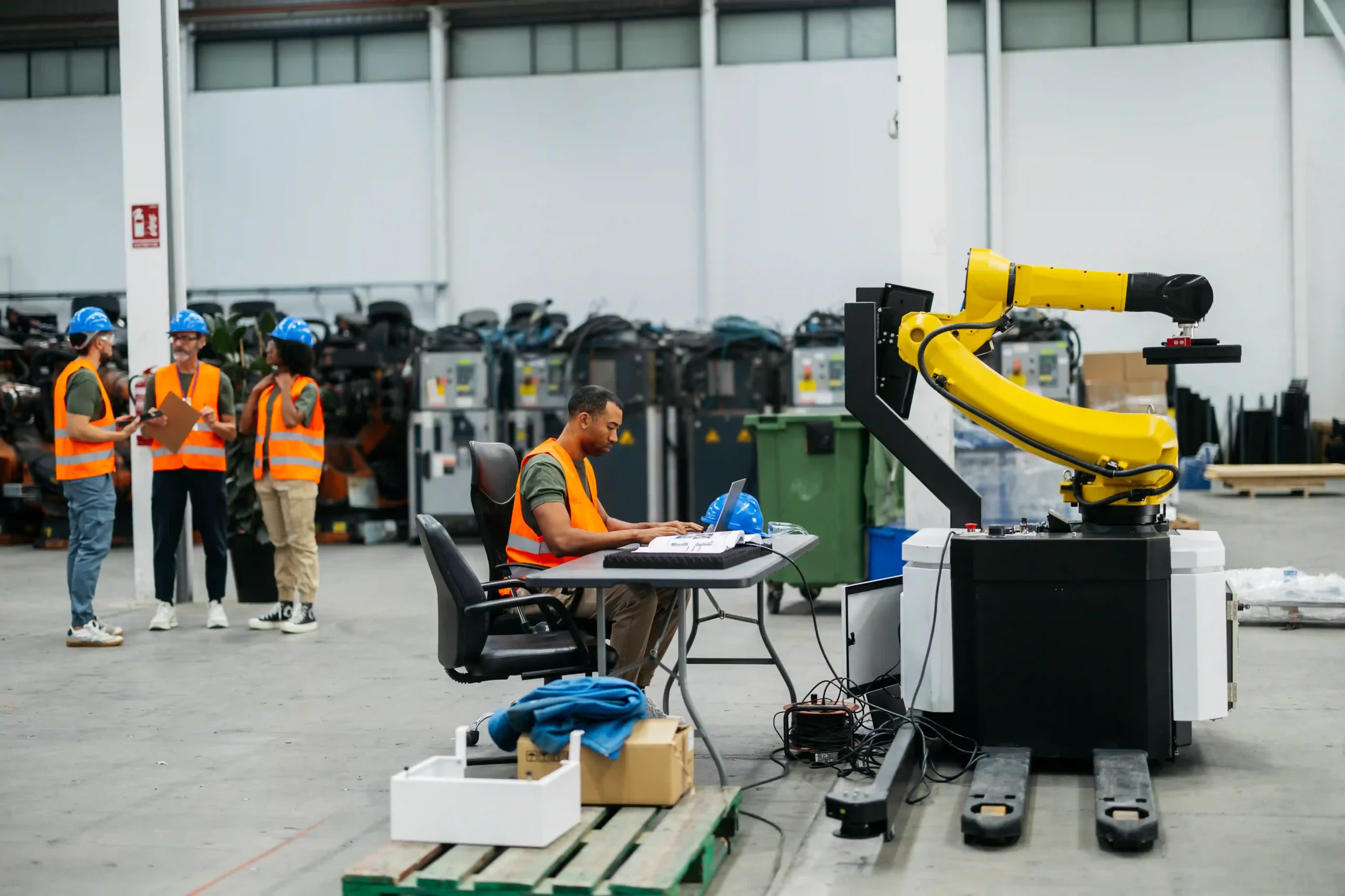 Engineers programming and testing a robotic palletizing arm for industrial automation, enhancing efficiency and reducing labor costs.