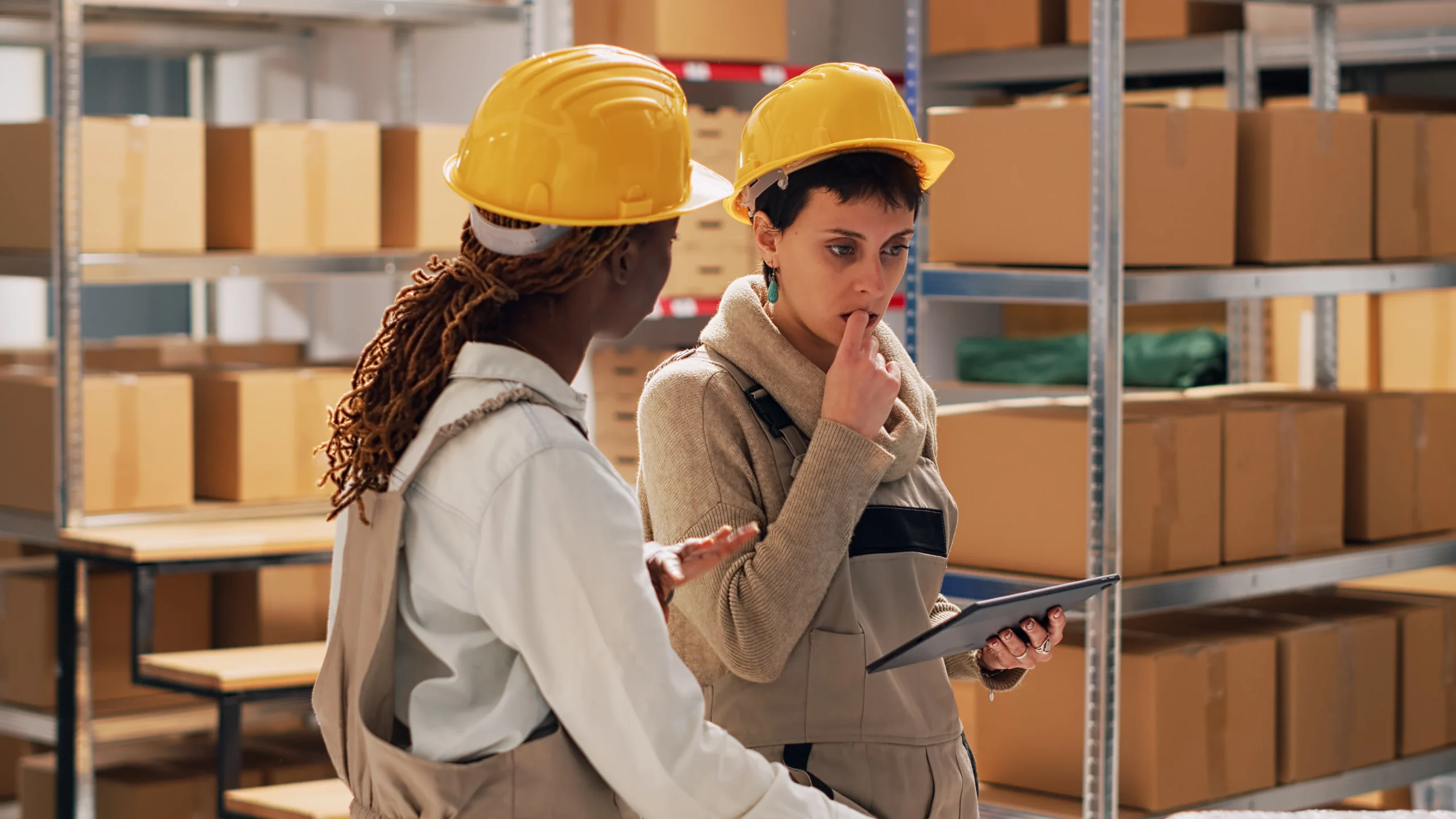 Two female warehouse supervisors in safety helmets discussing inventory management while using a digital tablet, showcasing the importance of a warehouse management system questionnaire in decision-making.