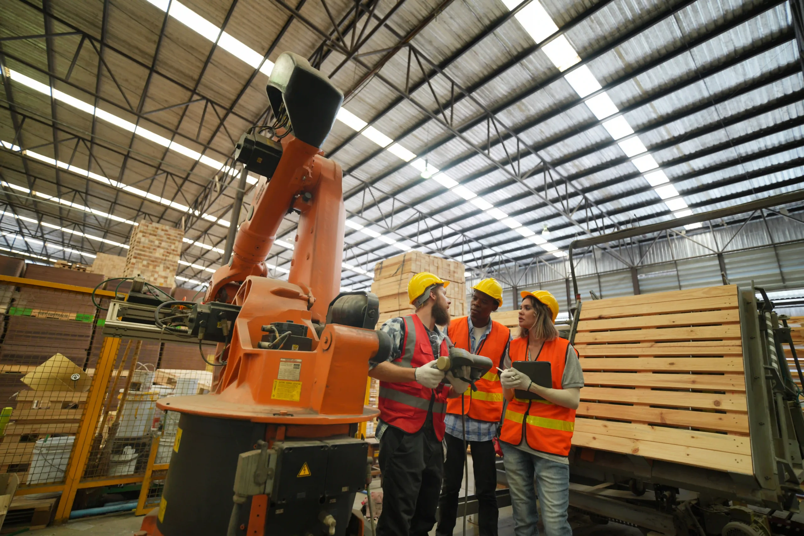 Warehouse team evaluating a heavy-duty palletizing robot for automated logistics and improved cost management.