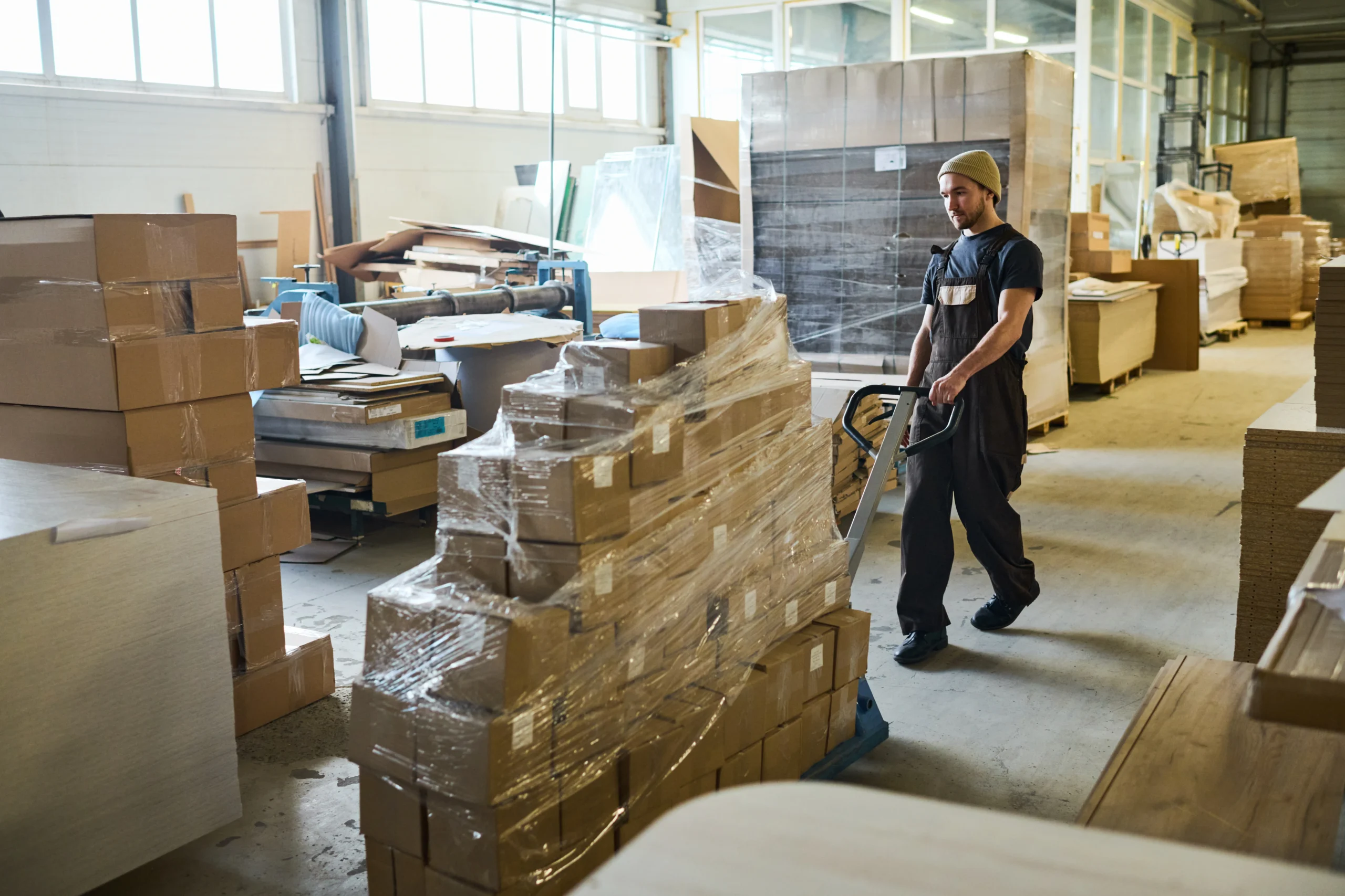 A warehouse worker managing inventory with stacked pallets, demonstrating key third-party logistics (3PL) functions like storage and fulfillment.