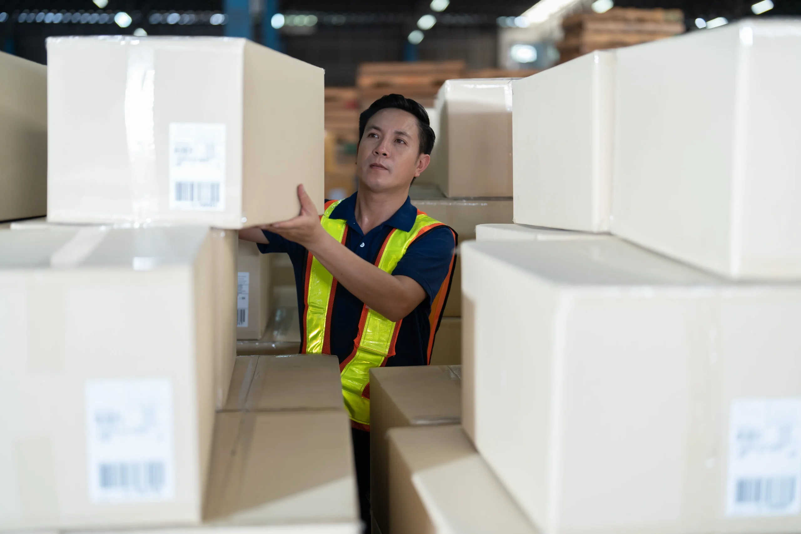 A third-party logistics (3PL) worker organizing inventory in a distribution center to optimize storage and order fulfillment.