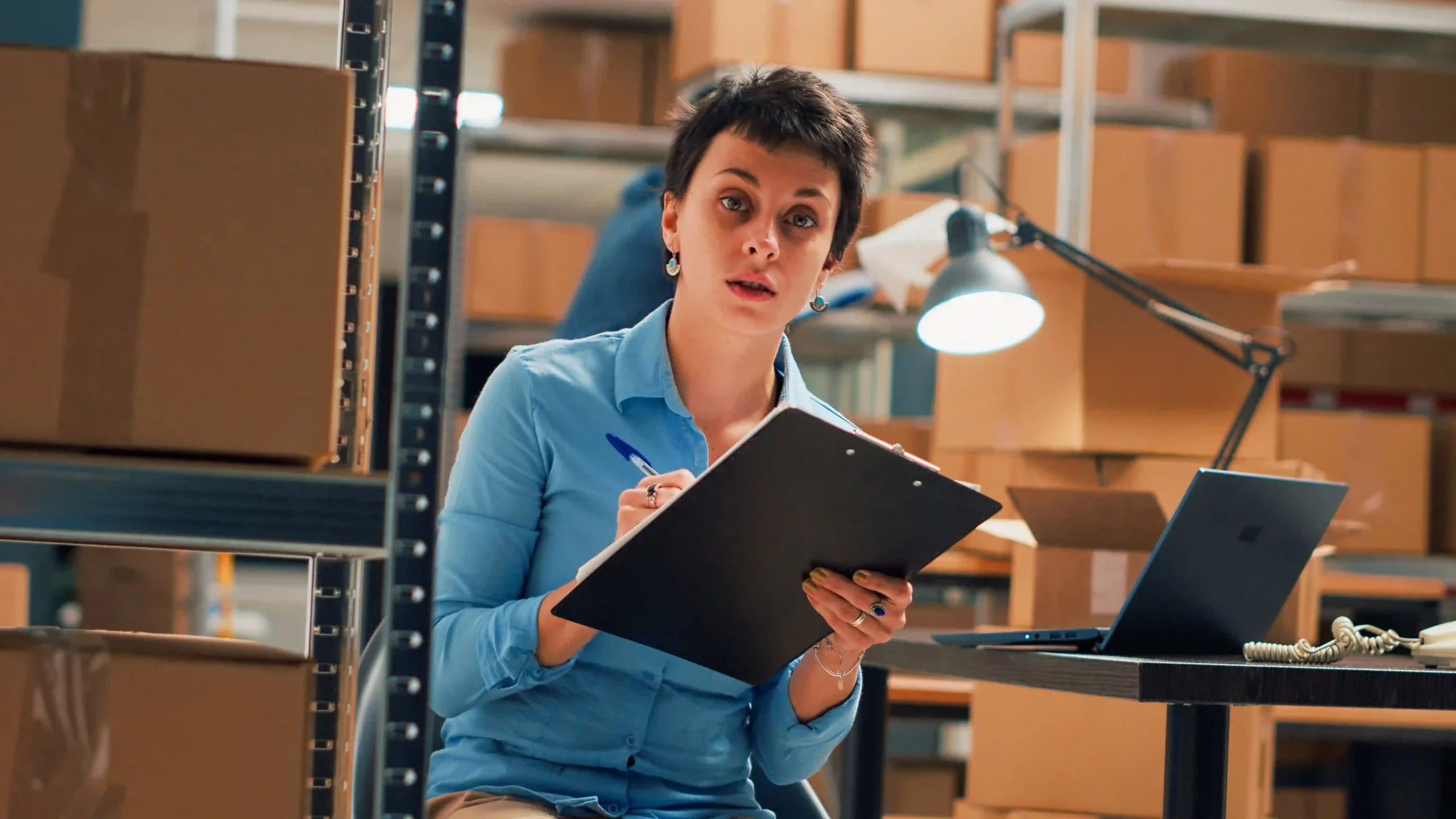 Warehouse manager checking product inventory while filling out an inventory management system questionnaire.