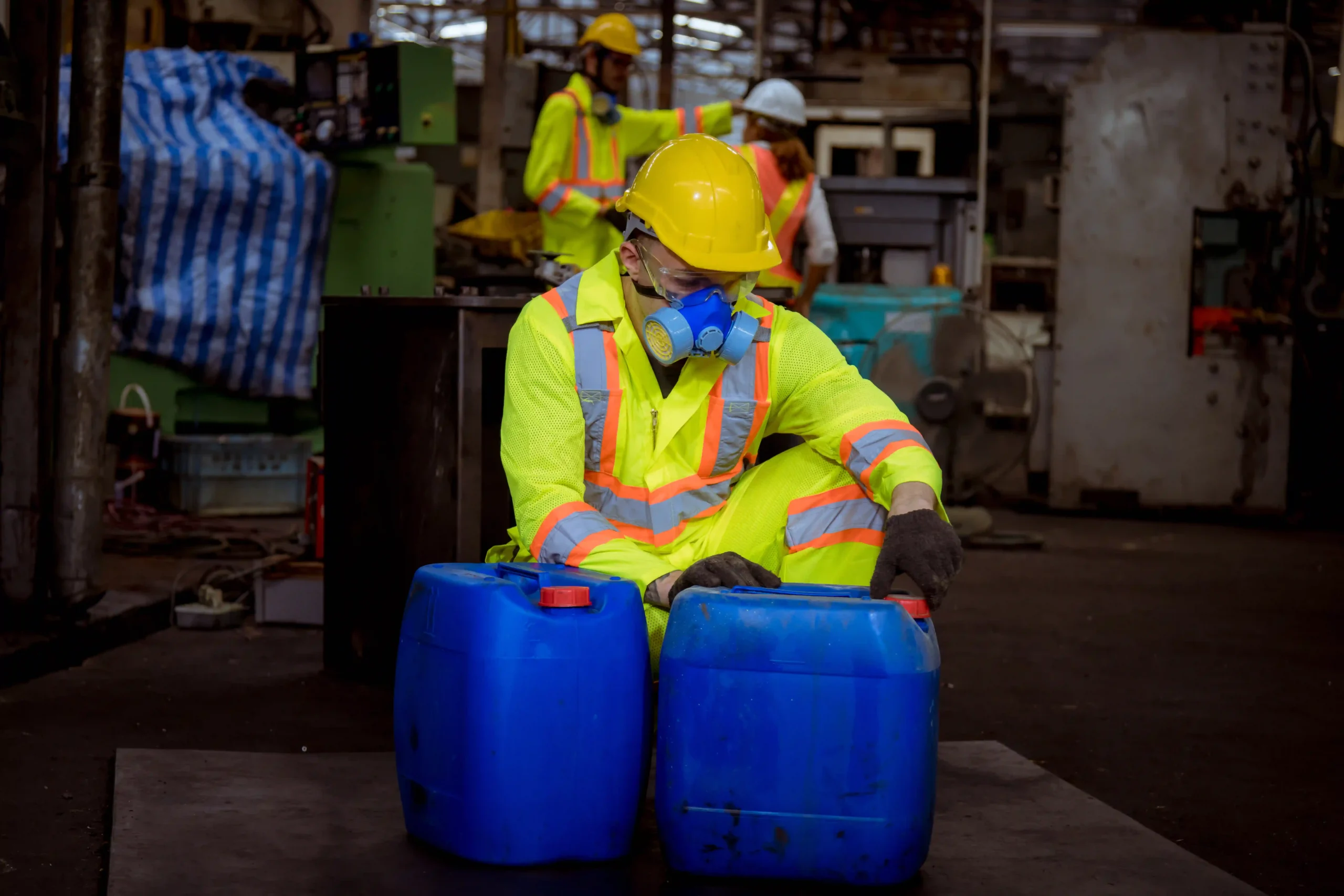 Warehouse worker in protective gear handling hazardous material drums in an industrial setting.