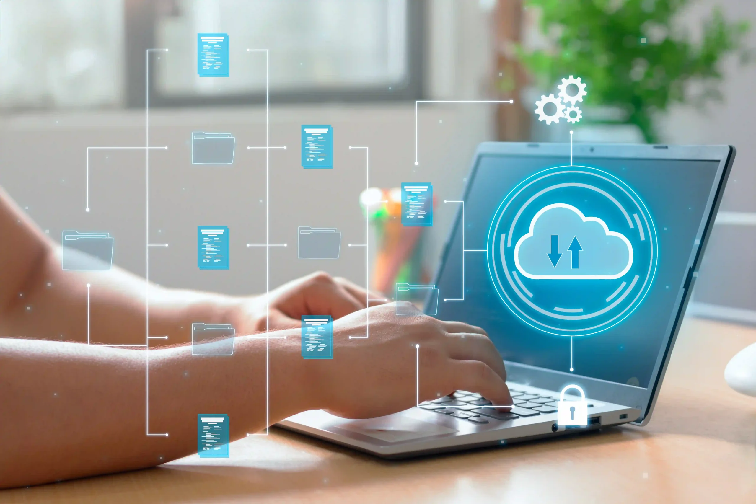 A professional using cloud computing technology on a laptop, illustrating data management in global trade services.