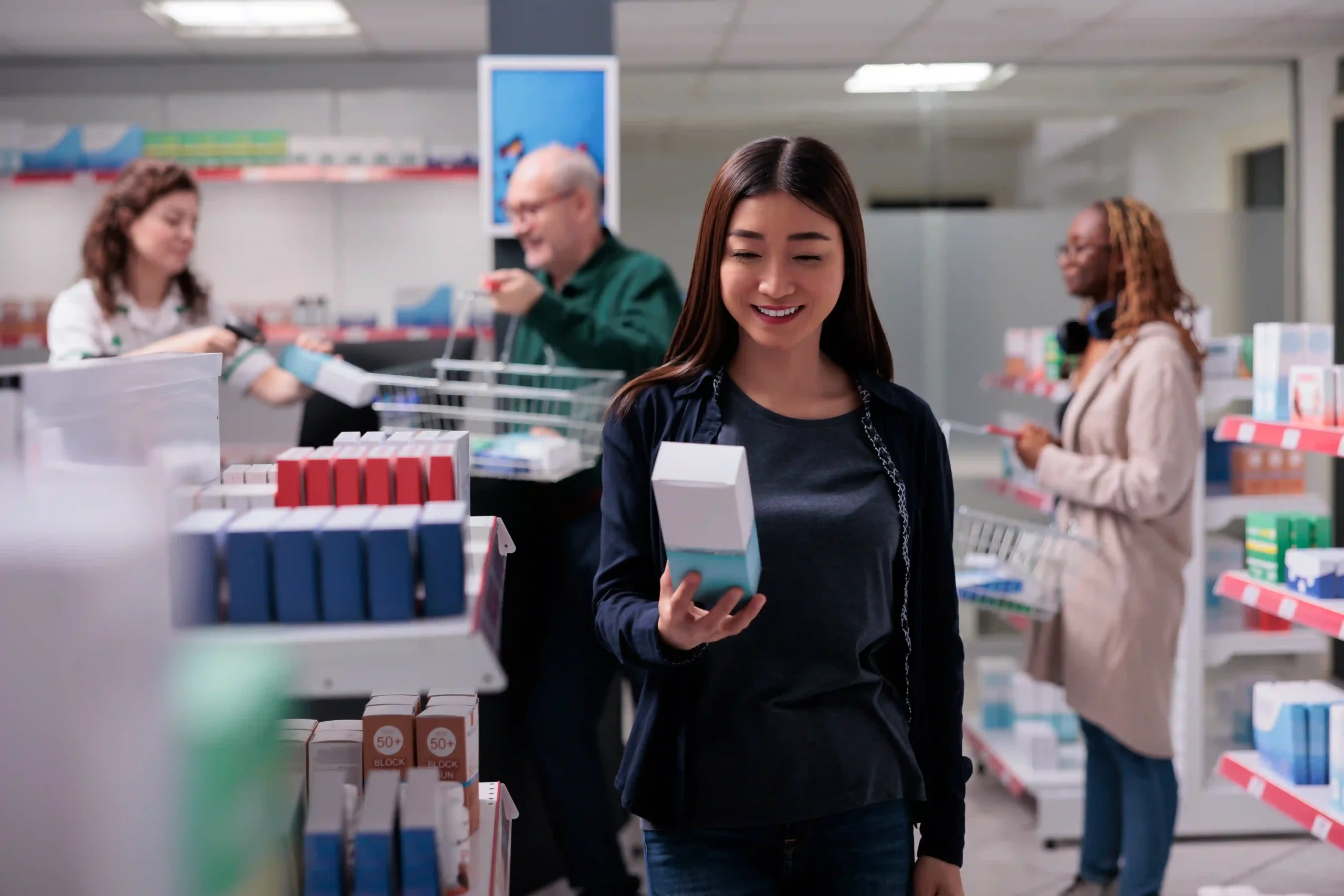 Female shopper browsing pharmaceutical and cosmetic products in a duty-free retail store, comparing options before purchase.