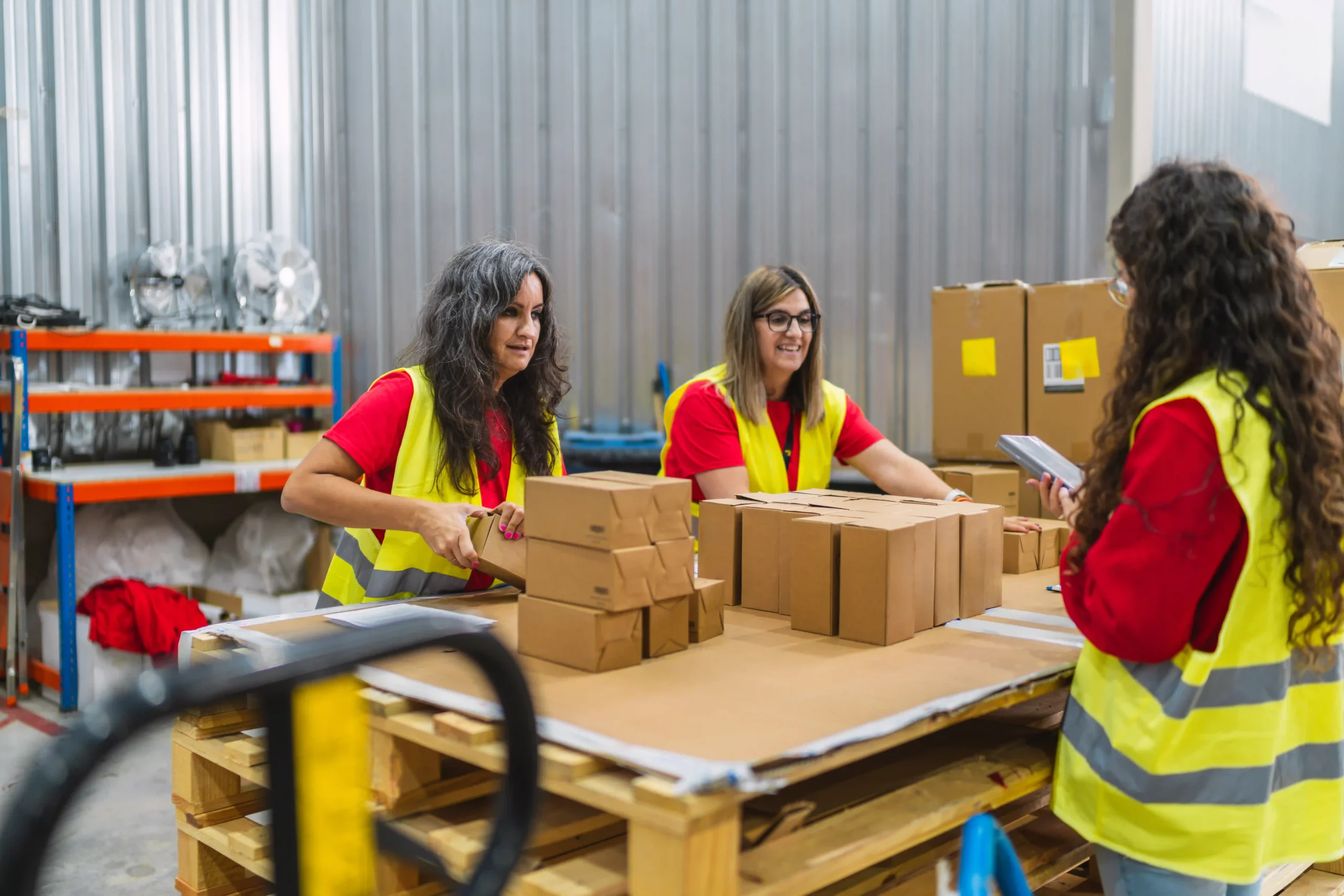 Fulfillment team packing orders efficiently to meet perfect order fulfillment formula standards