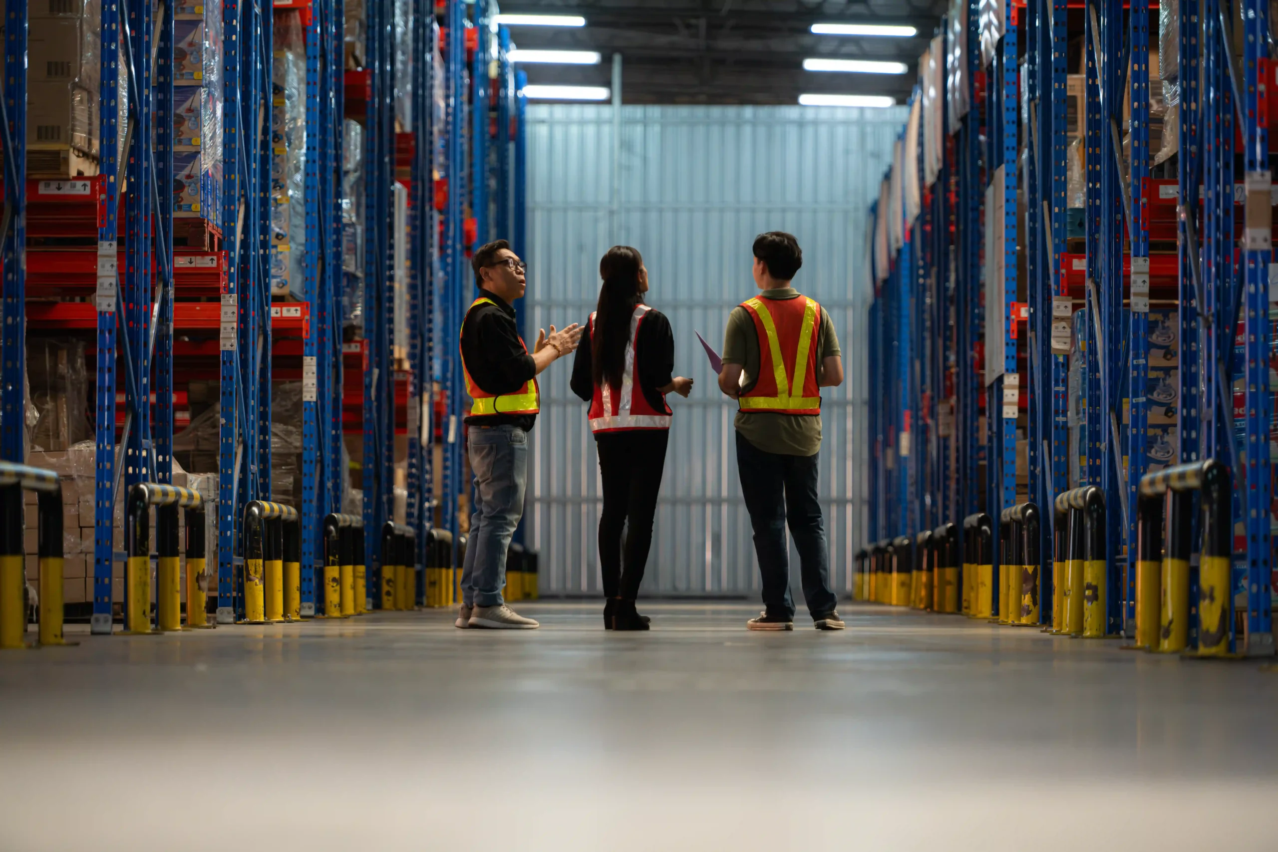 Team of warehouse professionals evaluating racking systems for better logistics optimization.