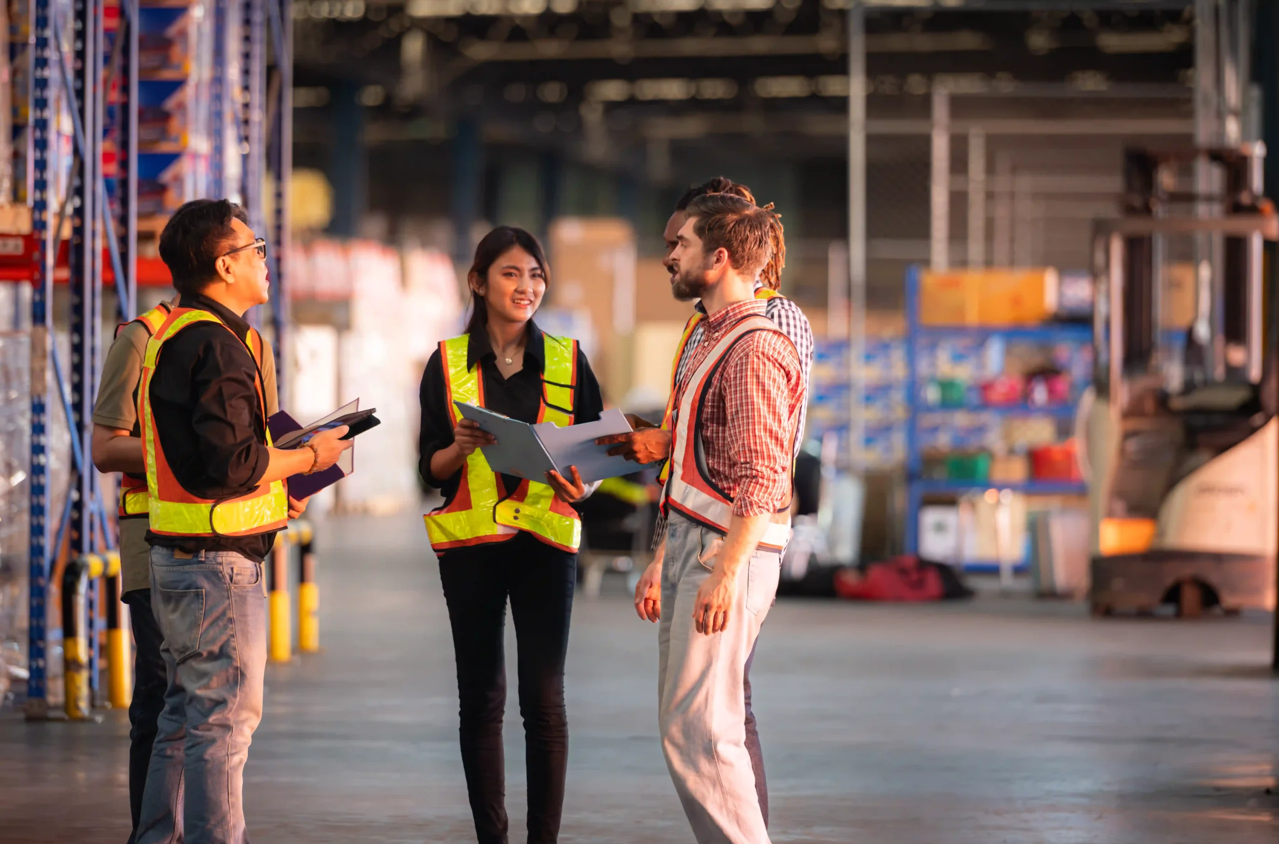 Team of warehouse employees reviewing logistics operations in a facility for 3PL distribution services