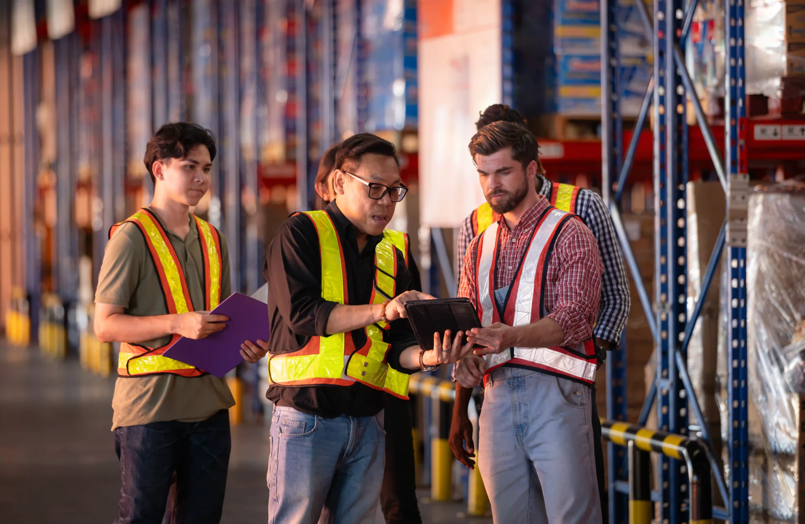 Warehouse employees inspecting inventory for compliance with international shipping regulations 2025