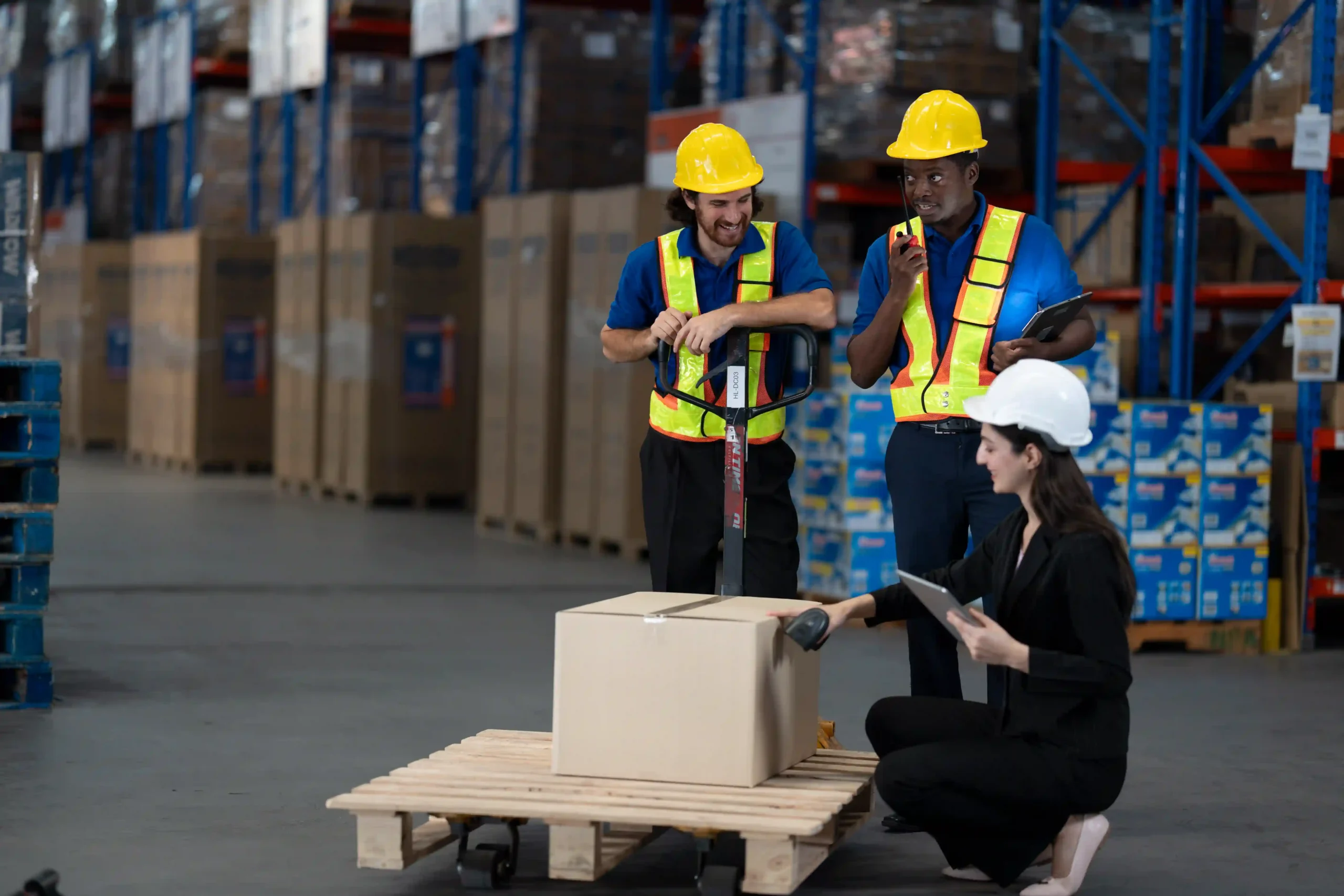 Warehouse team scanning and preparing a pick variety pack for shipment in a logistics facility