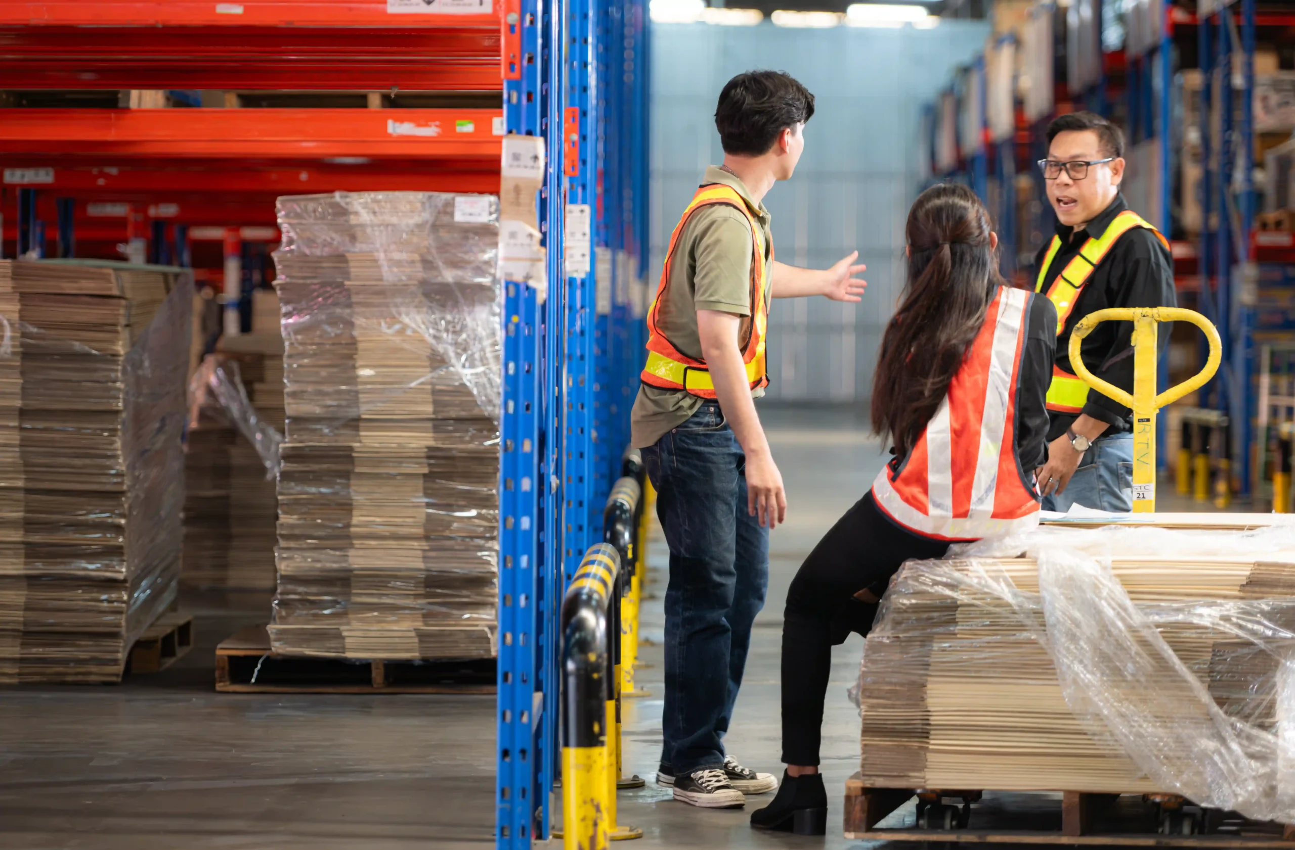 Warehouse team discussing inventory movement and FTZ customs compliance in distribution zone