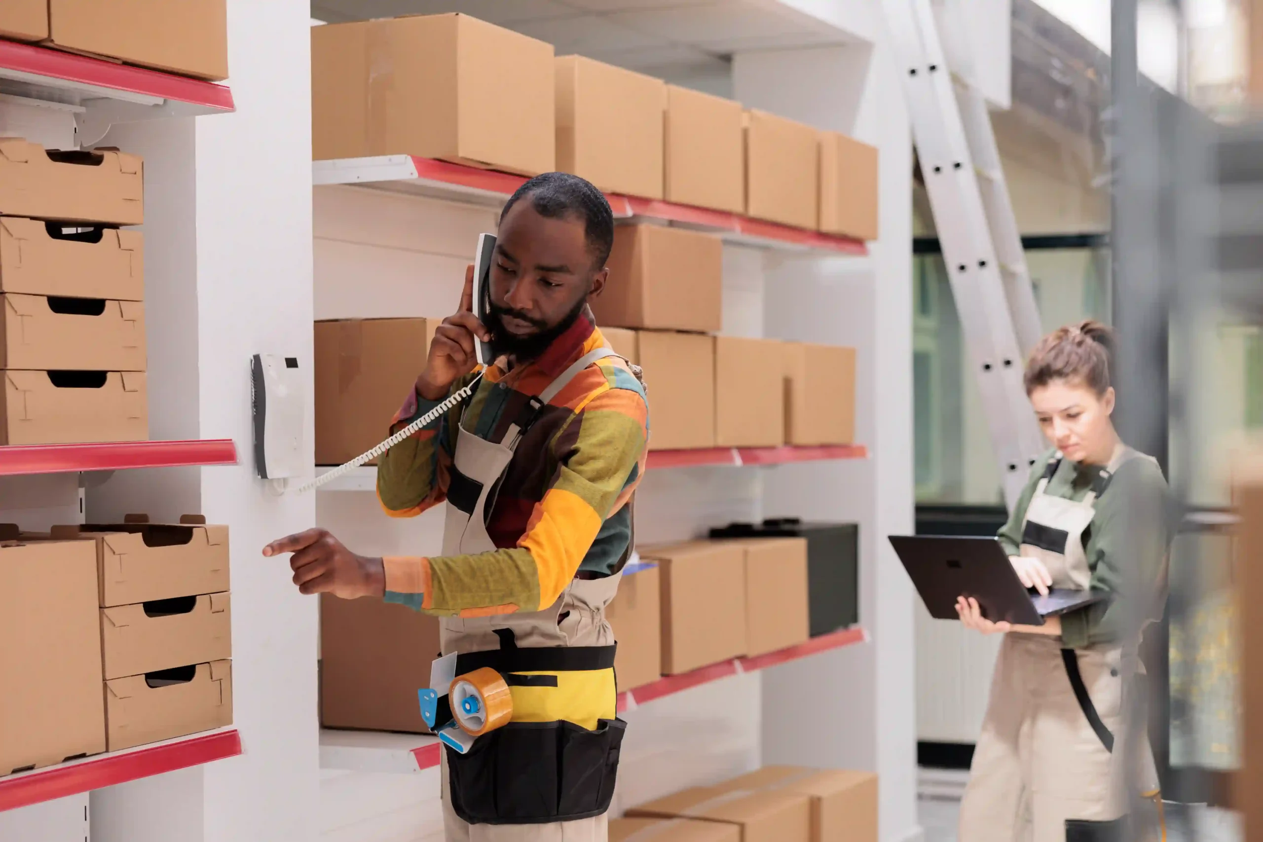 Warehouse manager and technician coordinating inventory logistics to manage 3PL pallet storage cost efficiently.