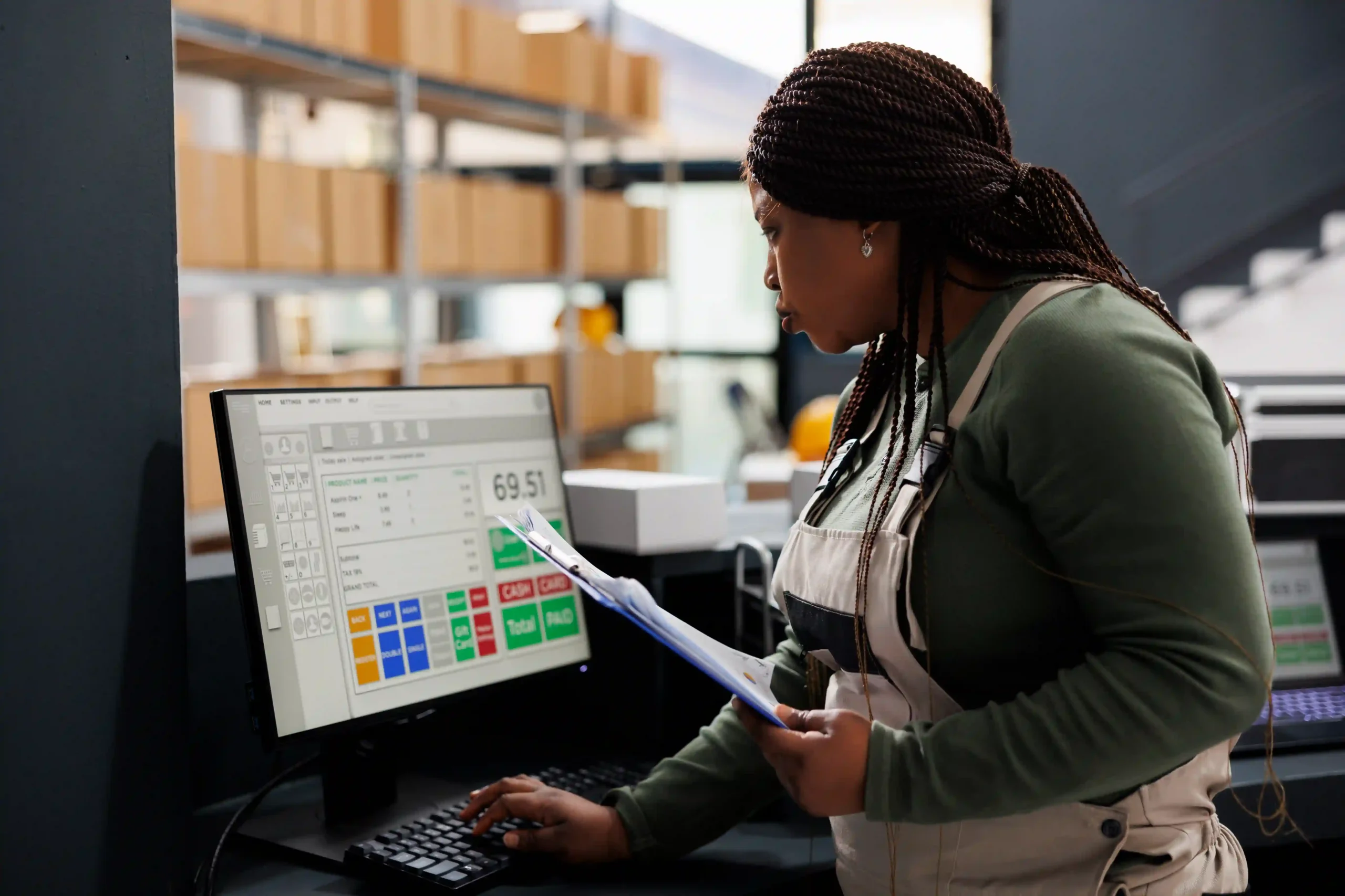 Order processing manager reviewing inventory data on a warehouse computer system