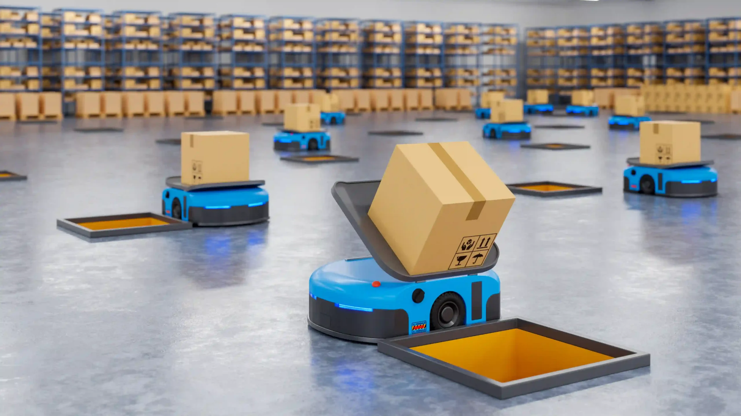 Fleet of blue pick and pack robots sorting packages in a high-capacity warehouse with smart grid layout