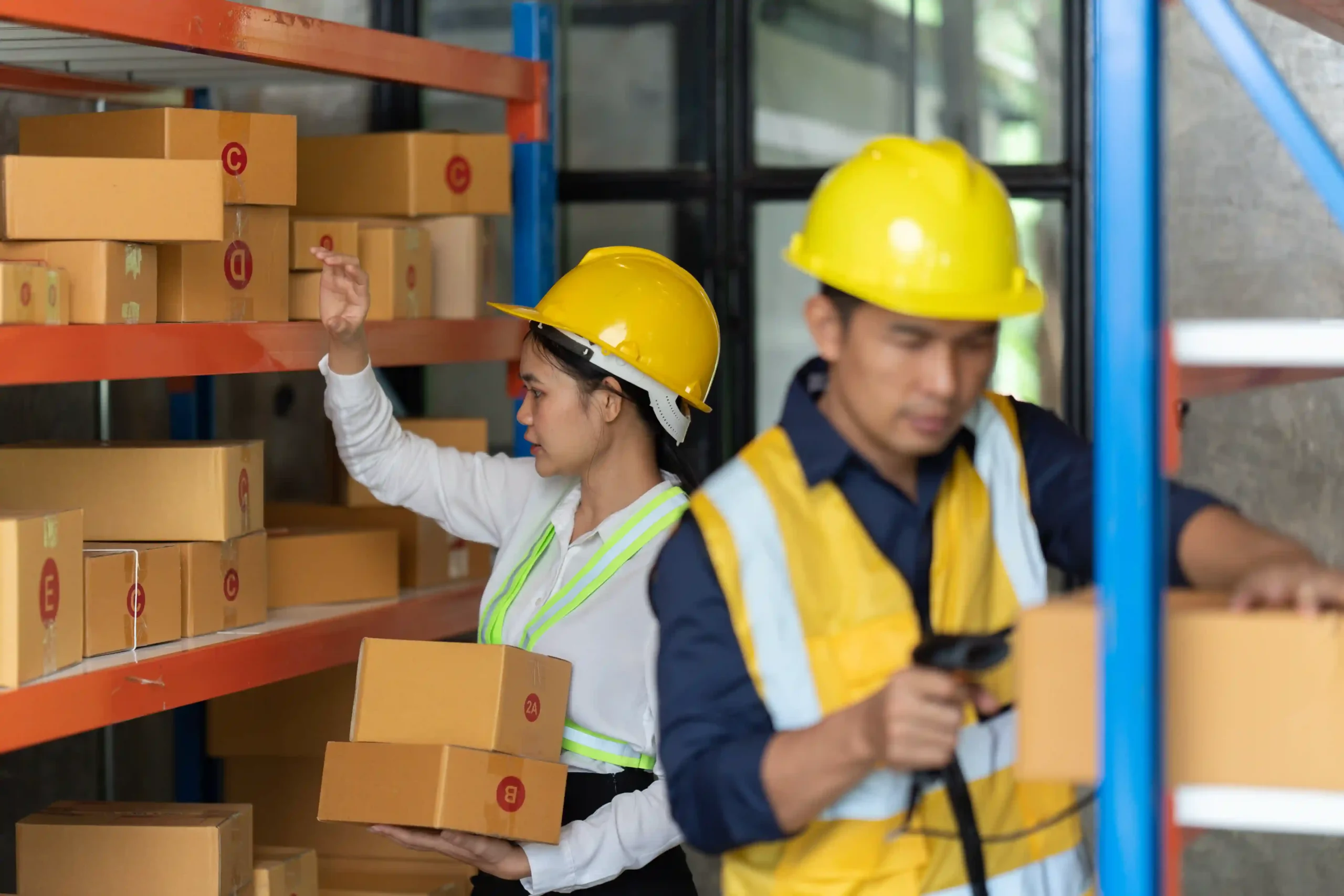 Two warehouse workers organizing and scanning packages, demonstrating the importance of warehousing operations.