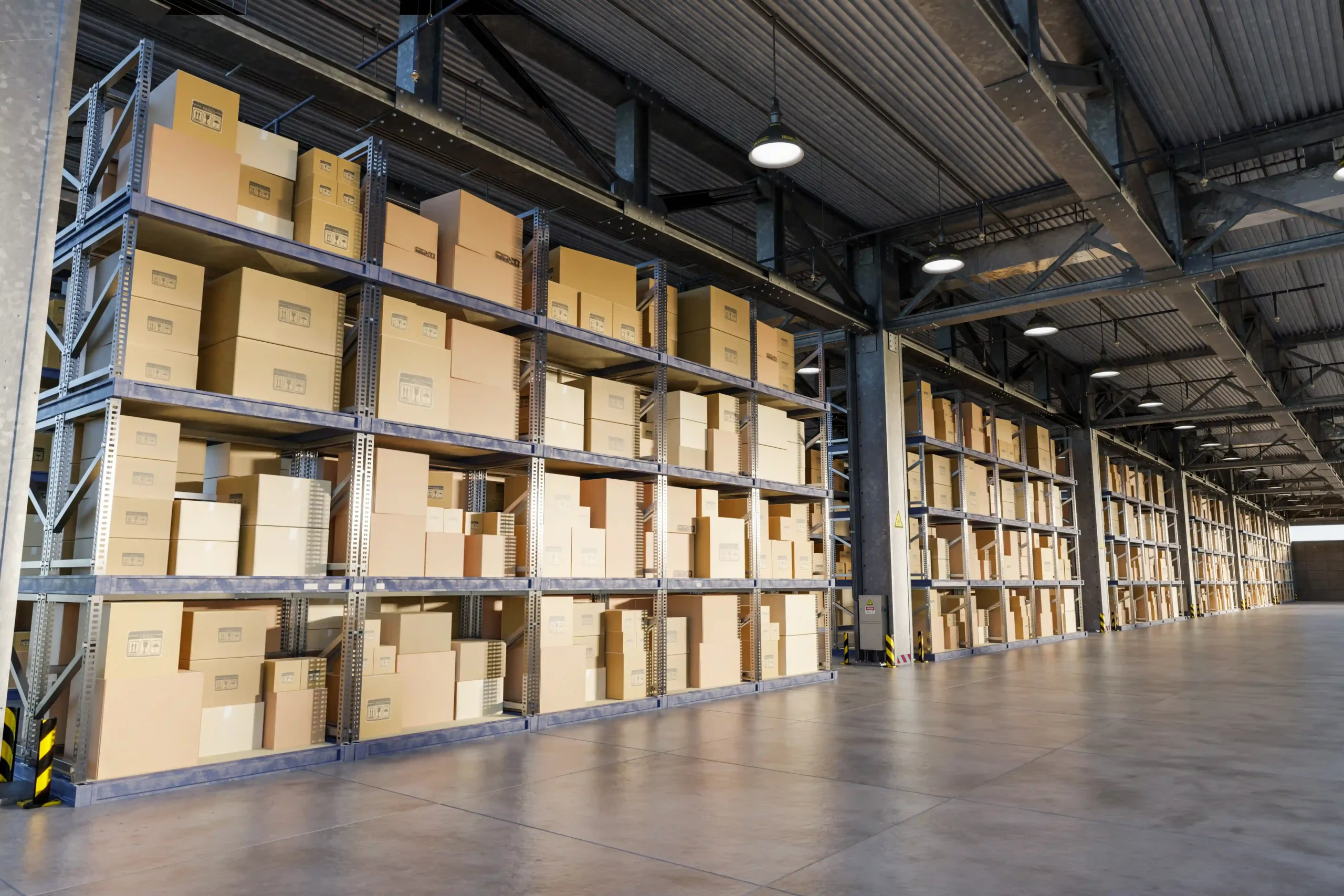 Wide view of organized shelving units in a modern 3PL warehouse solutions center