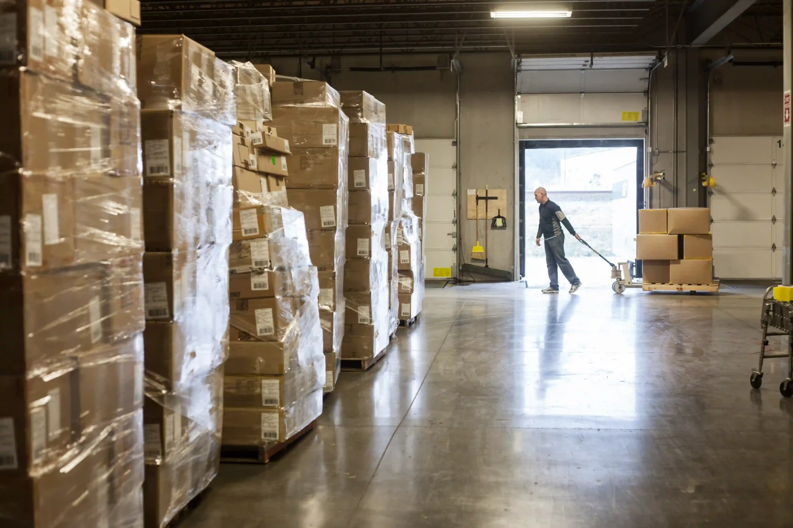 Worker pulling pallet of boxes near loading dock in a cross docking distribution center