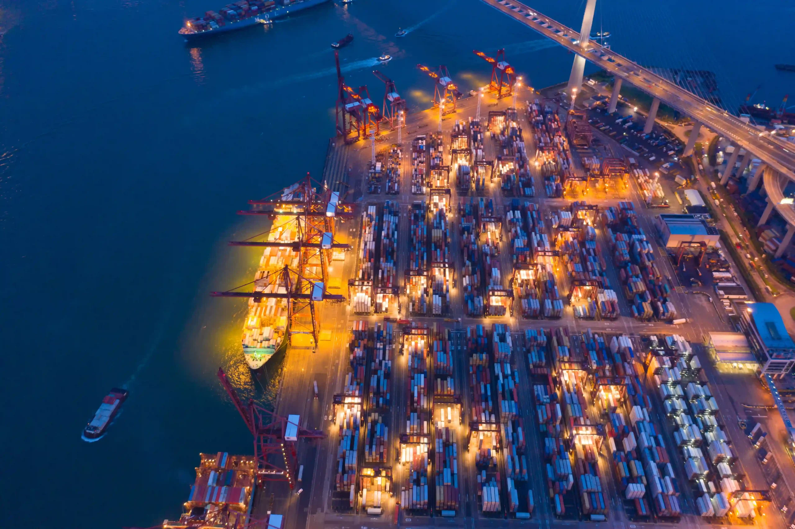 Overhead view of global shipping port illustrating scale of 3PL logistics process