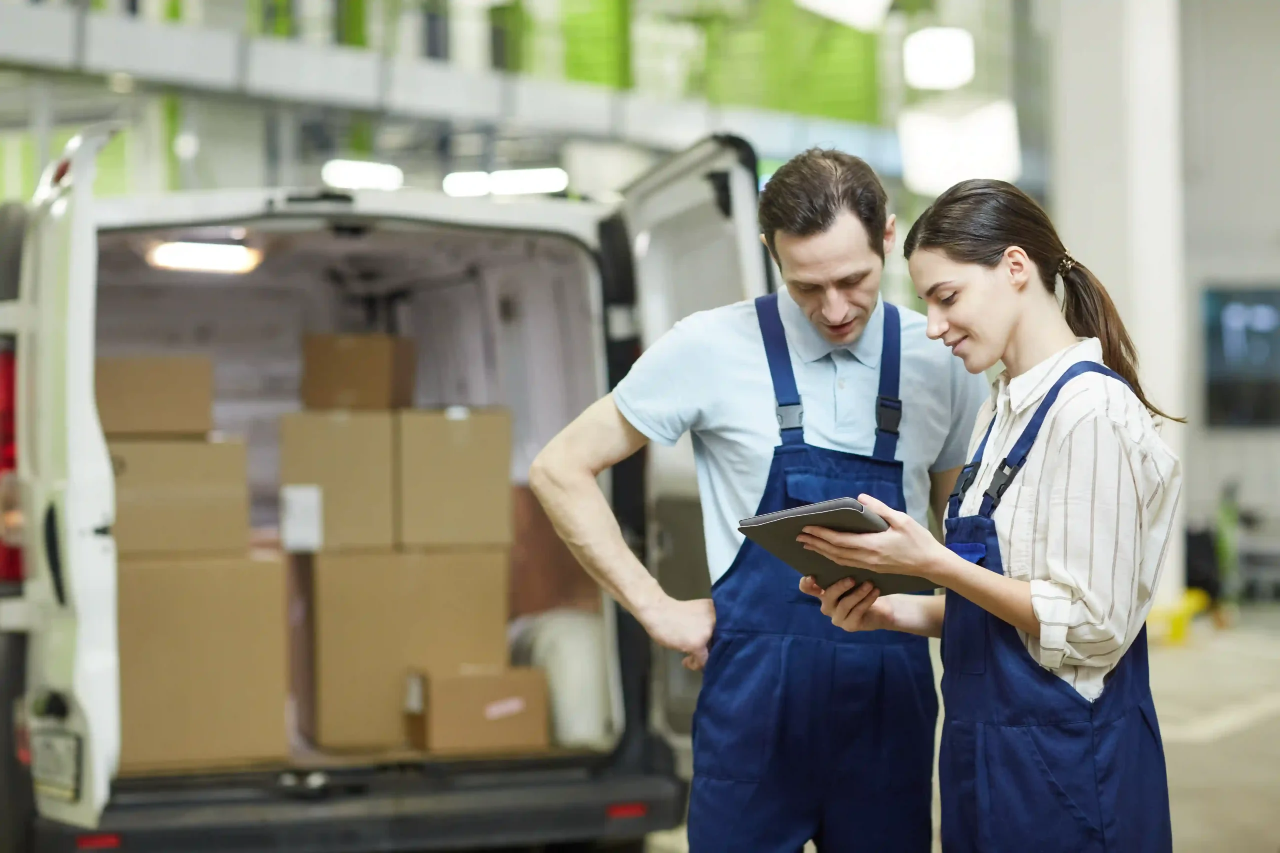 Two warehouse workers from a 3PL company for small business reviewing orders on a tablet in front of a delivery van