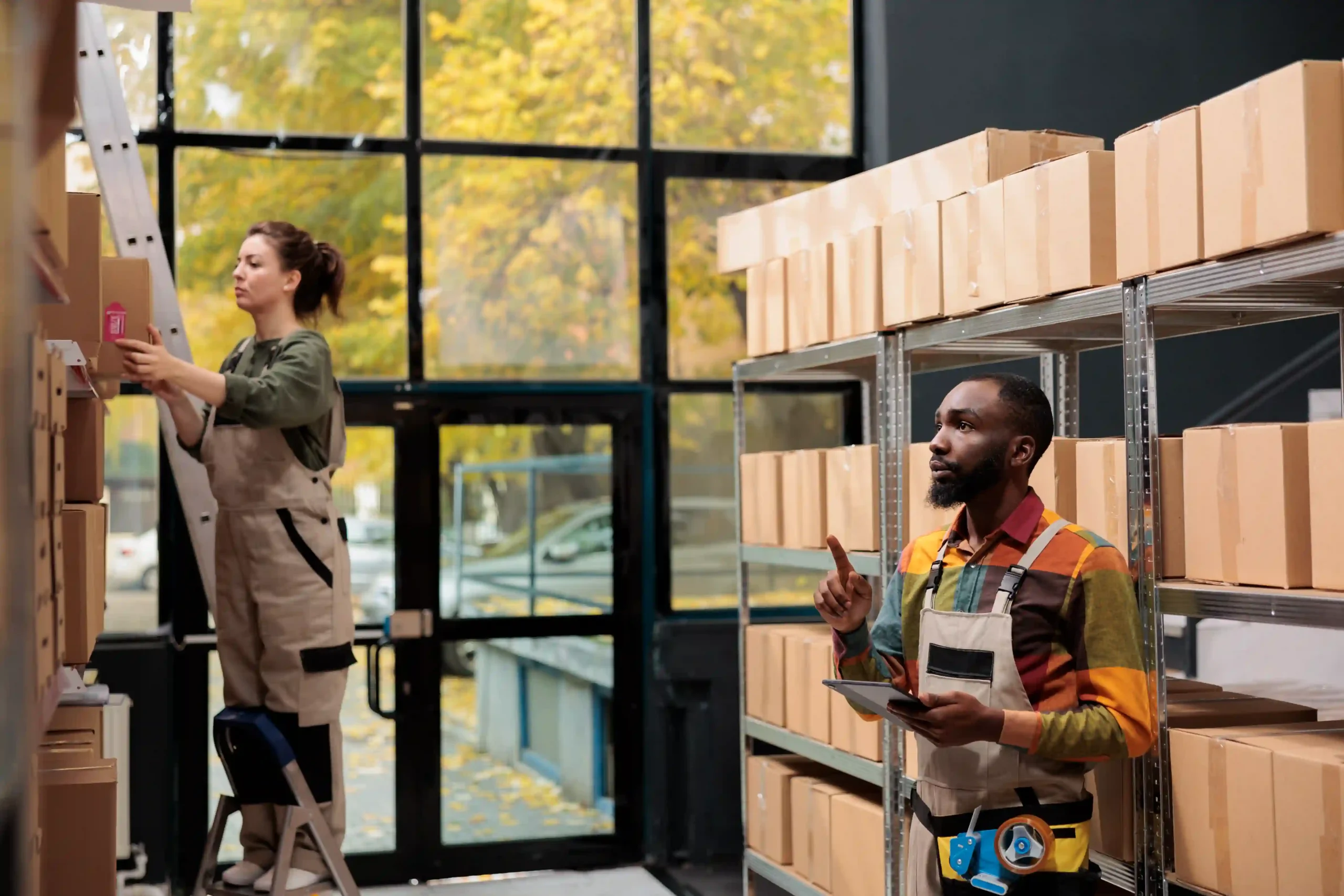 Warehouse team managing inventory shelves, highlighting the importance of warehousing in efficient logistics.