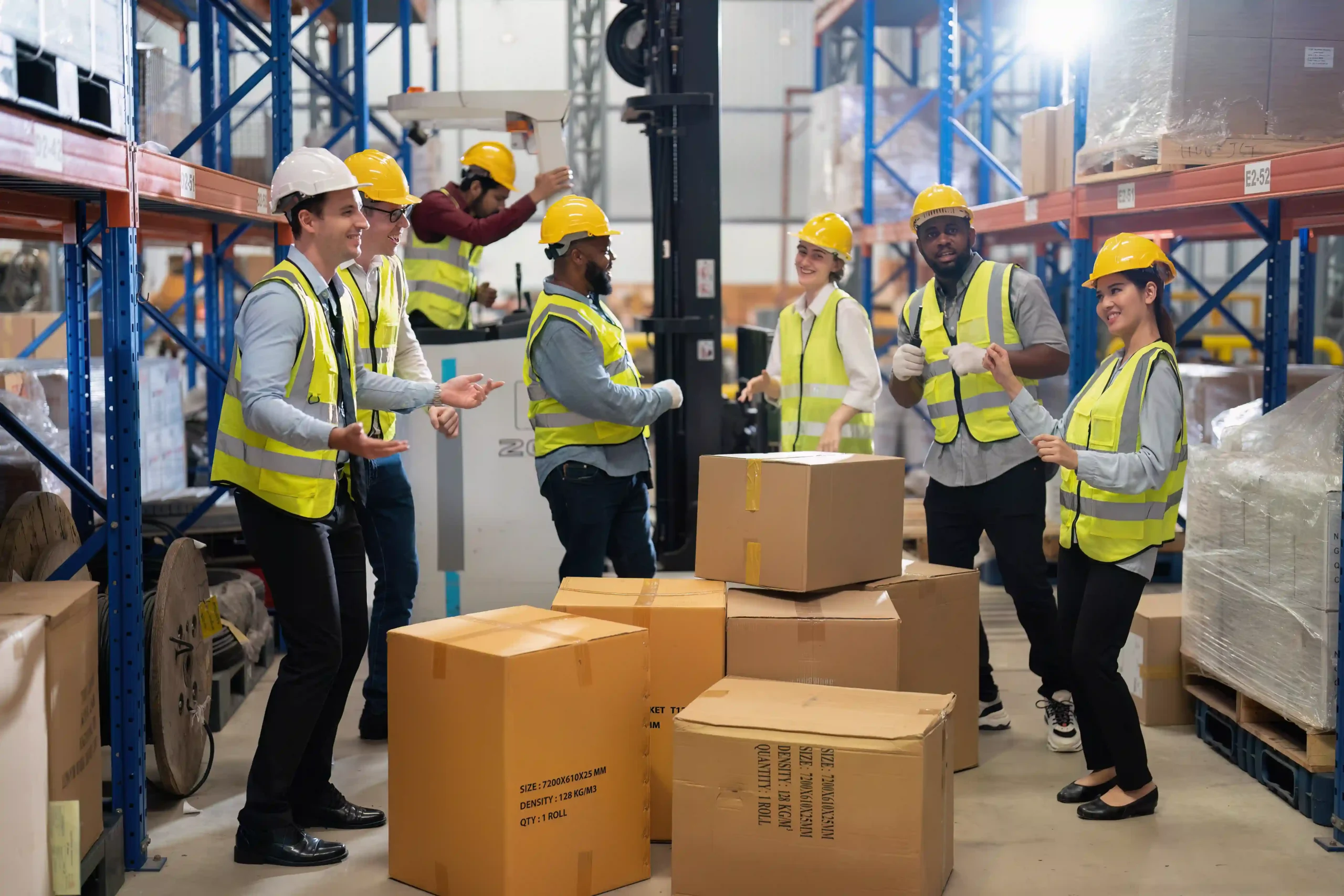 Diverse warehouse team celebrating efficient cross docking industrial operations surrounded by packed boxes.