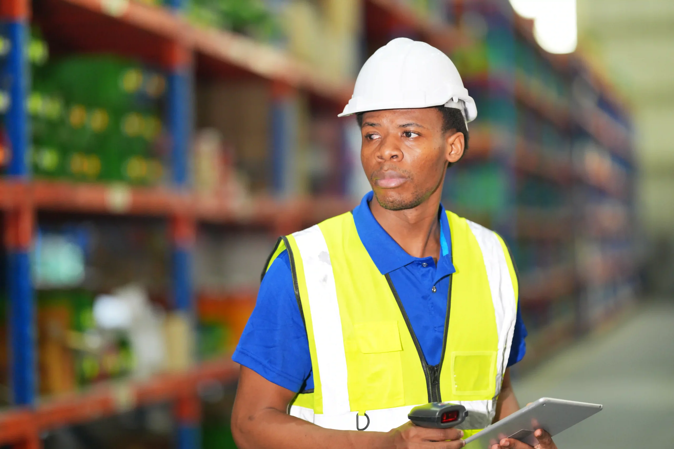 Warehouse logistics consultant conducting inventory review with barcode scanner and tablet in a high-density storage facility.