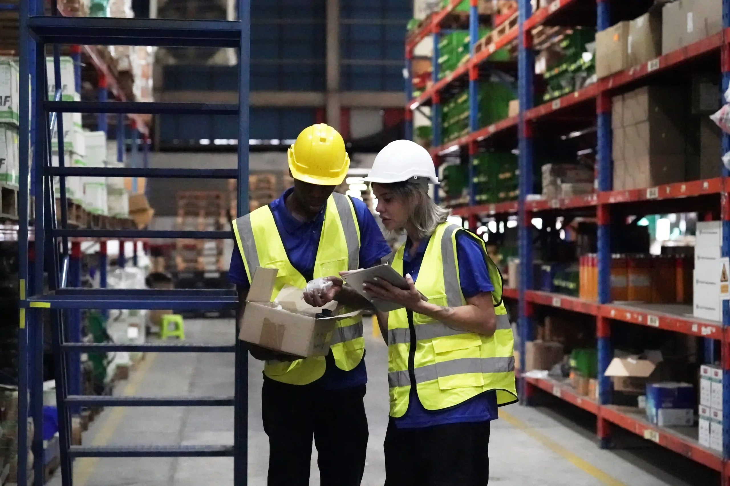 Warehouse logistics consultant and staff analyzing shipment data from a box using a tablet in an organized warehouse.