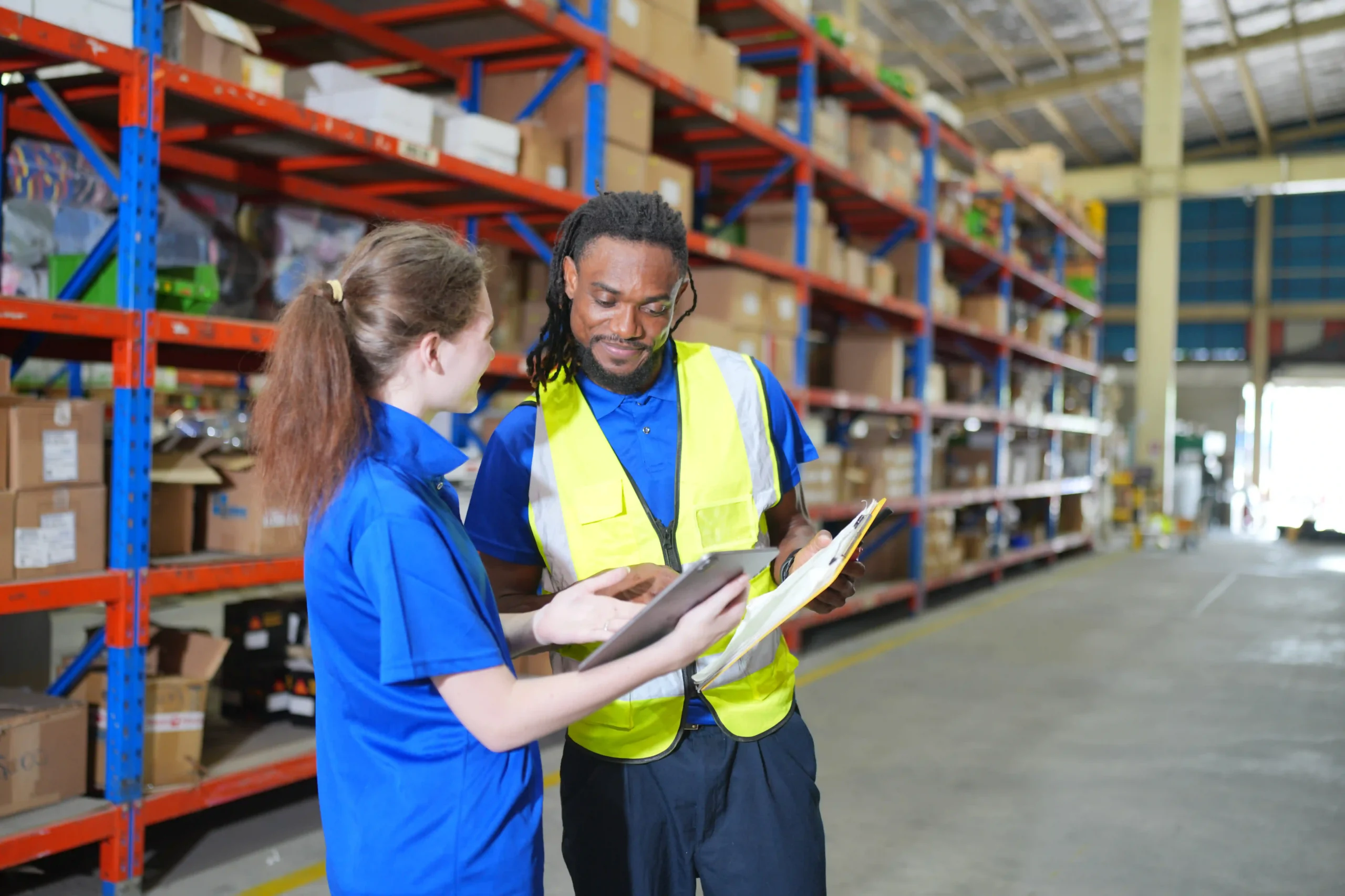 Warehouse logistics consultant discussing process improvements with a team member inside a modern distribution center.
