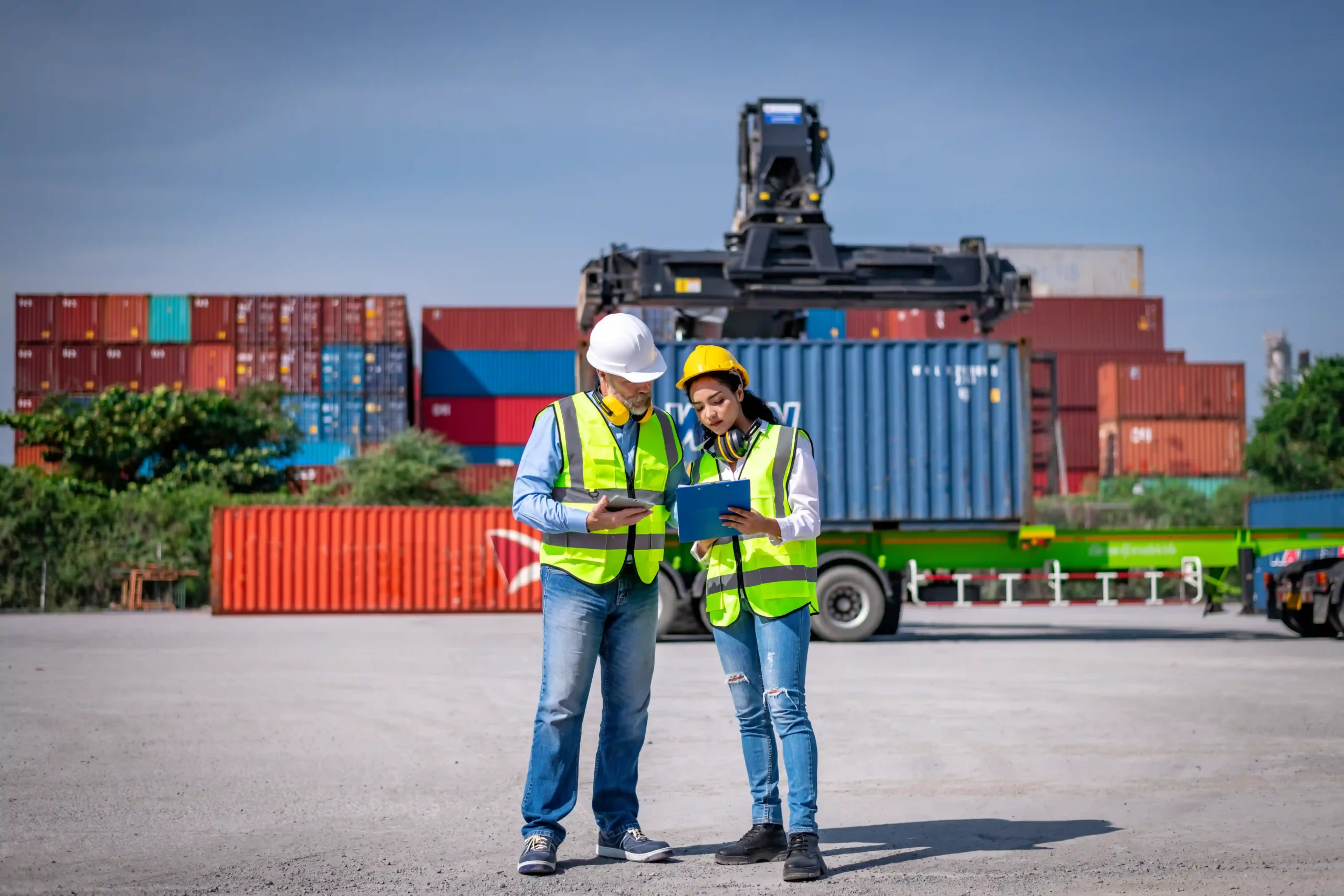 Two logistics professionals reviewing documents at a freight terminal, optimizing operations through 3PL value added services.