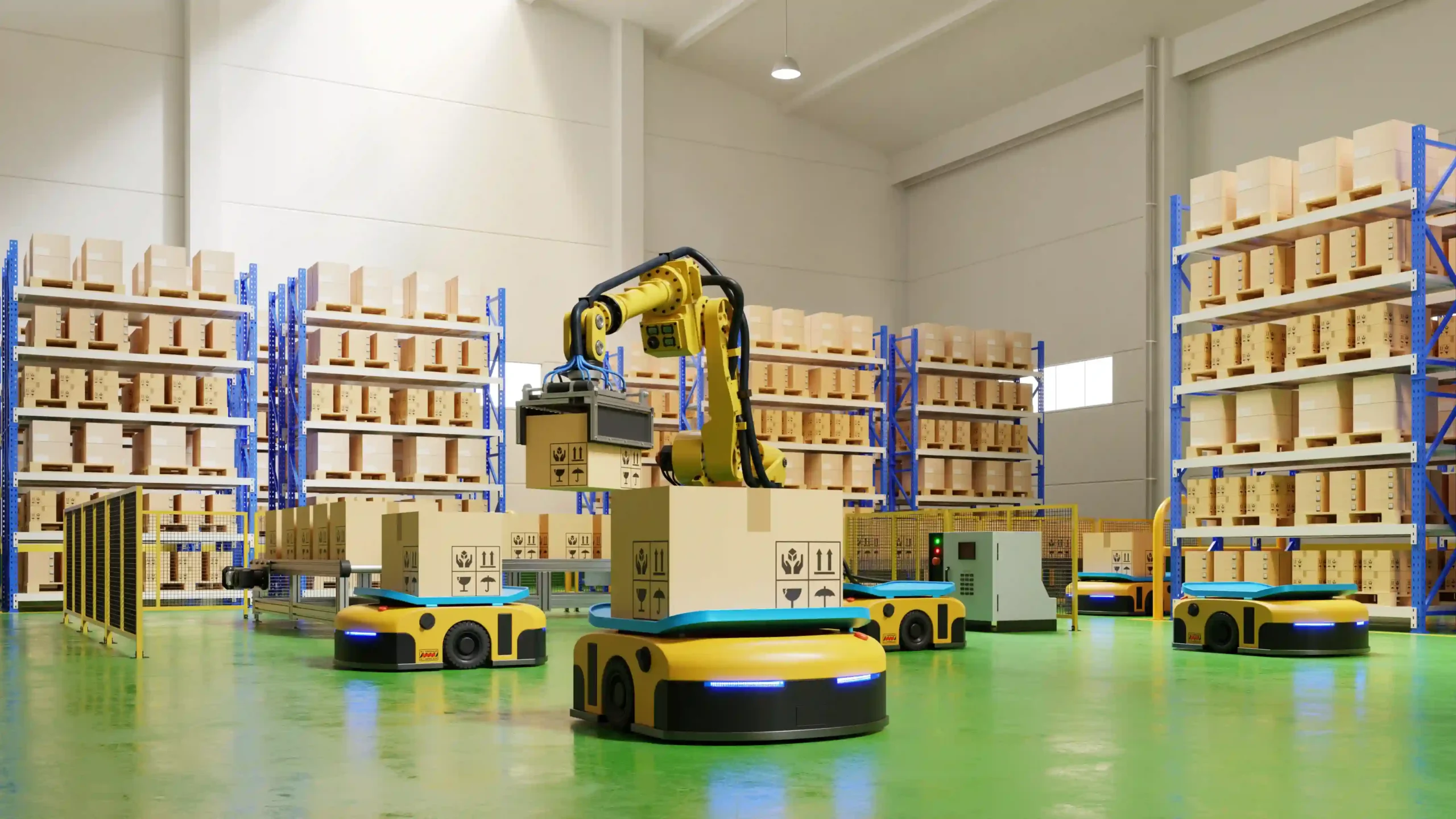 Yellow robotic arm and pick and pack robots collaborating in an automated warehouse with high shelving