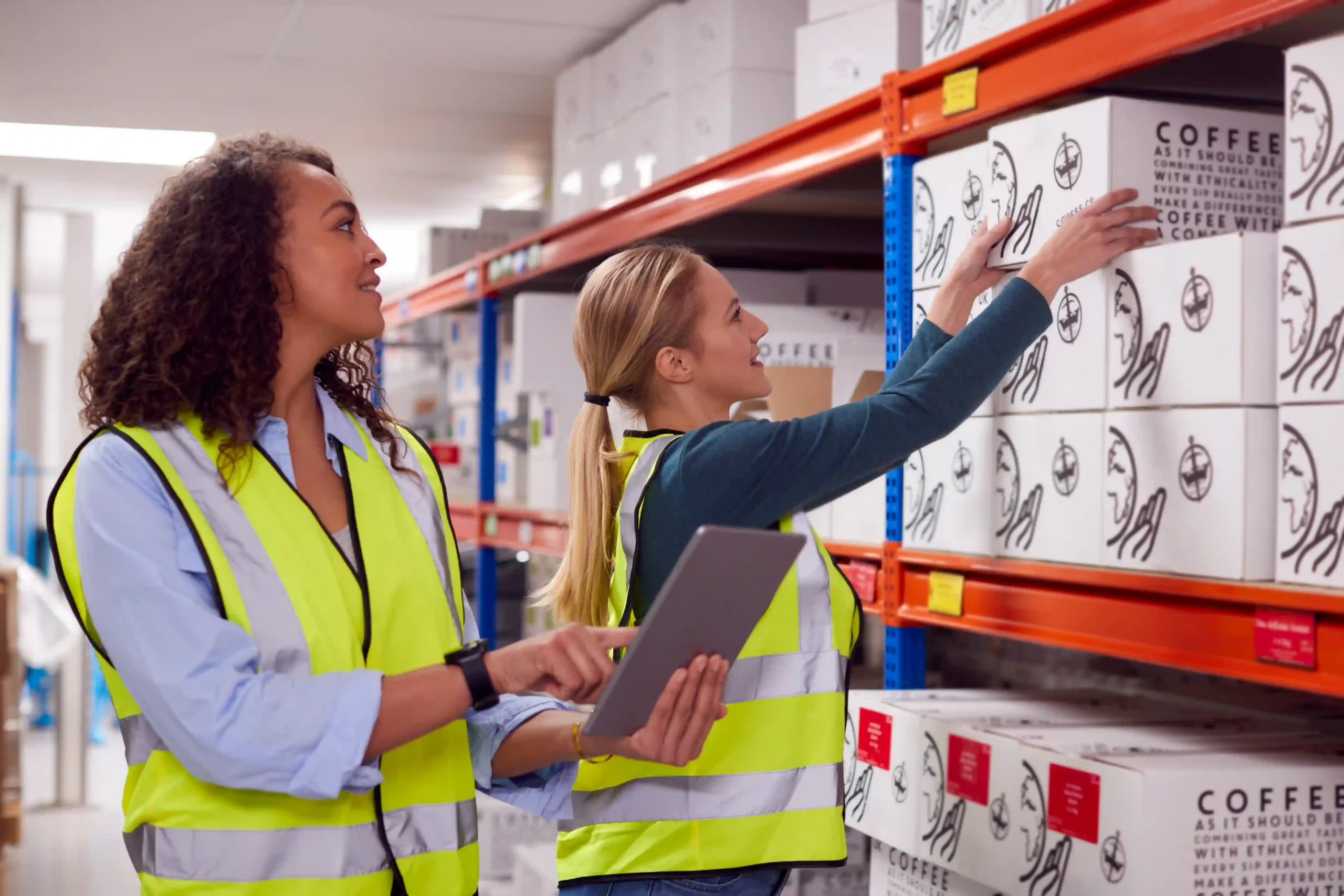 Female warehouse supervisor using a digital tablet while another employee organizes inventory on labeled racks, reflecting efficient labeling racks in warehouse practices.