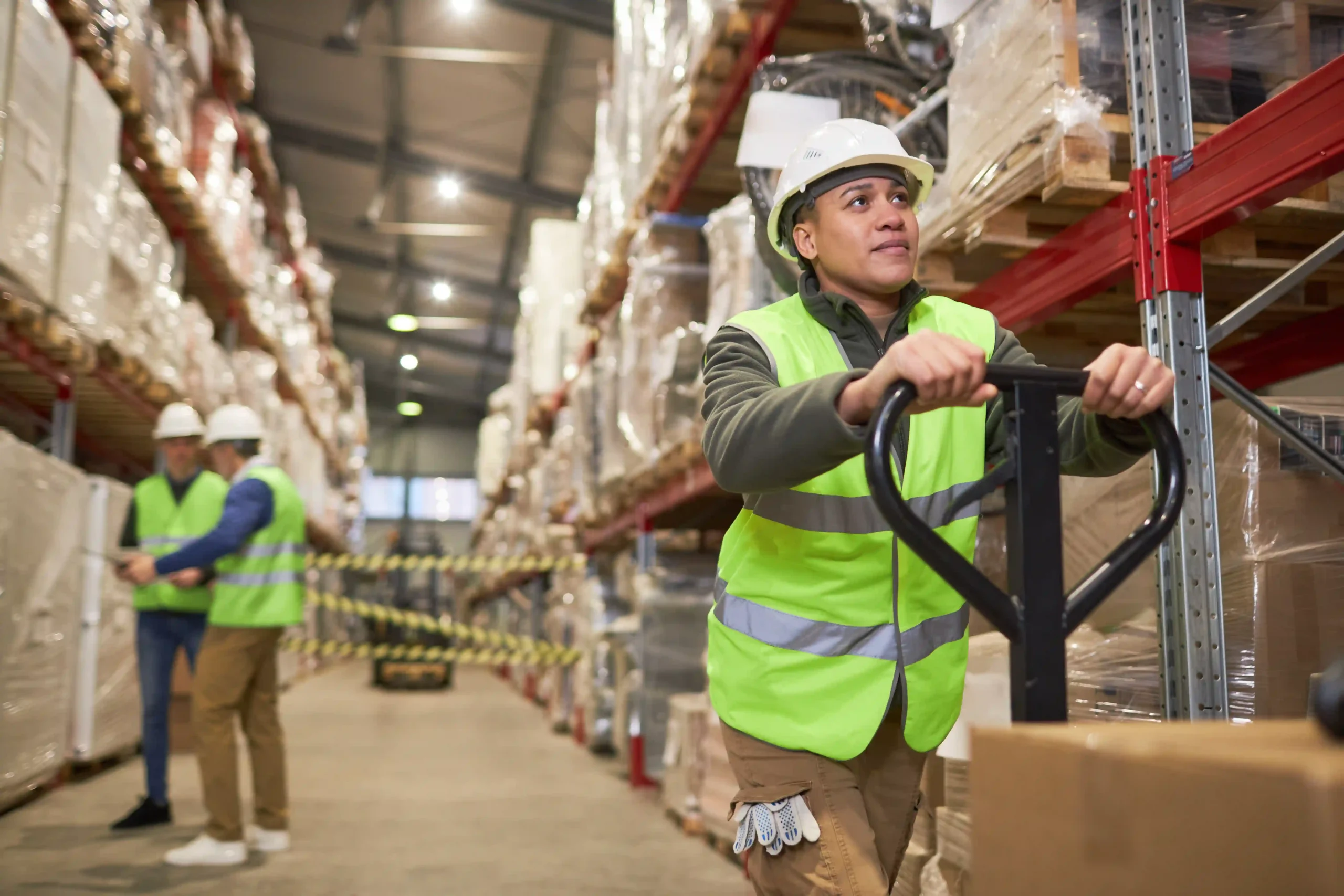A logistics worker pushing a cart through a warehouse aisle with clearly labeled racks on both sides, improving workflow and product locating through effective labeling racks in warehouse strategy.