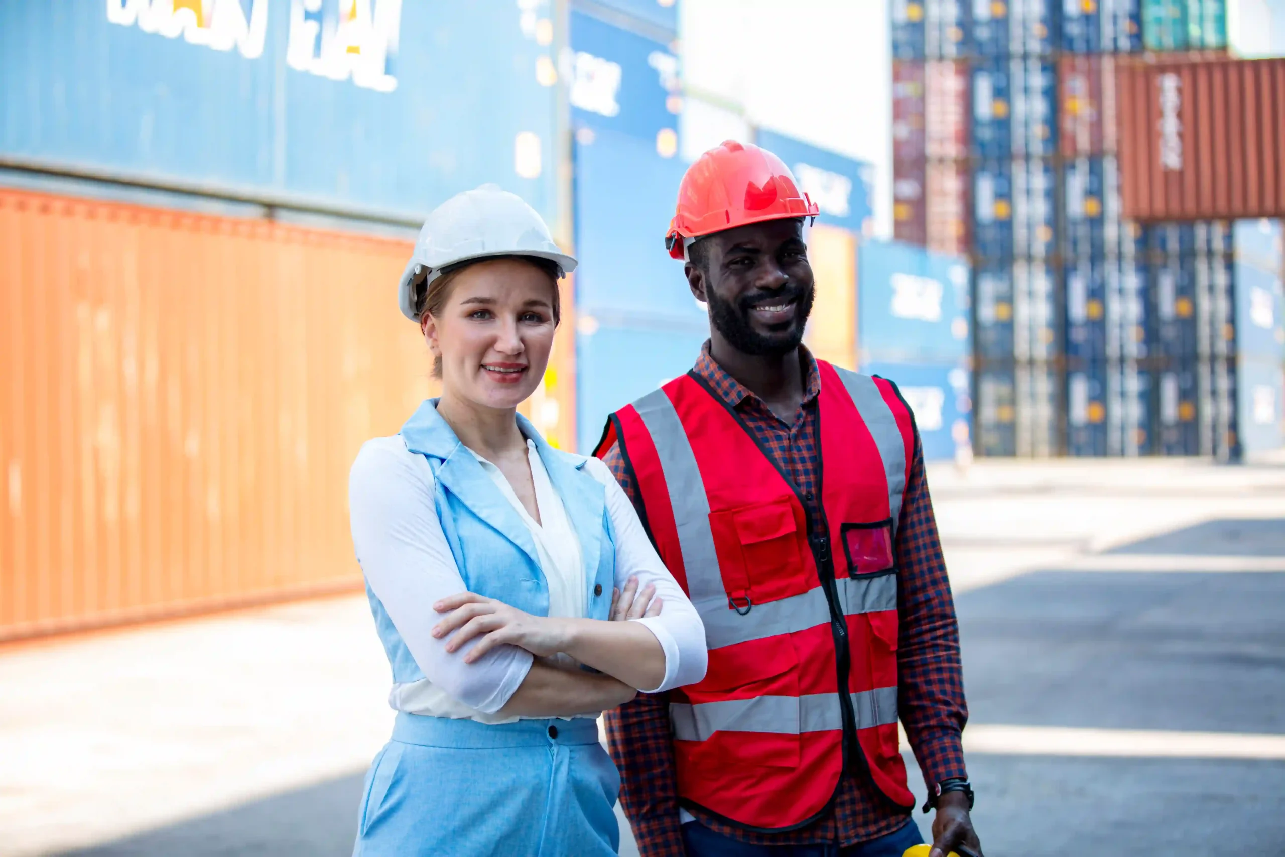 Two shipping logistics professionals smiling at a container yard, representing diverse career paths in shipping logistics careers.