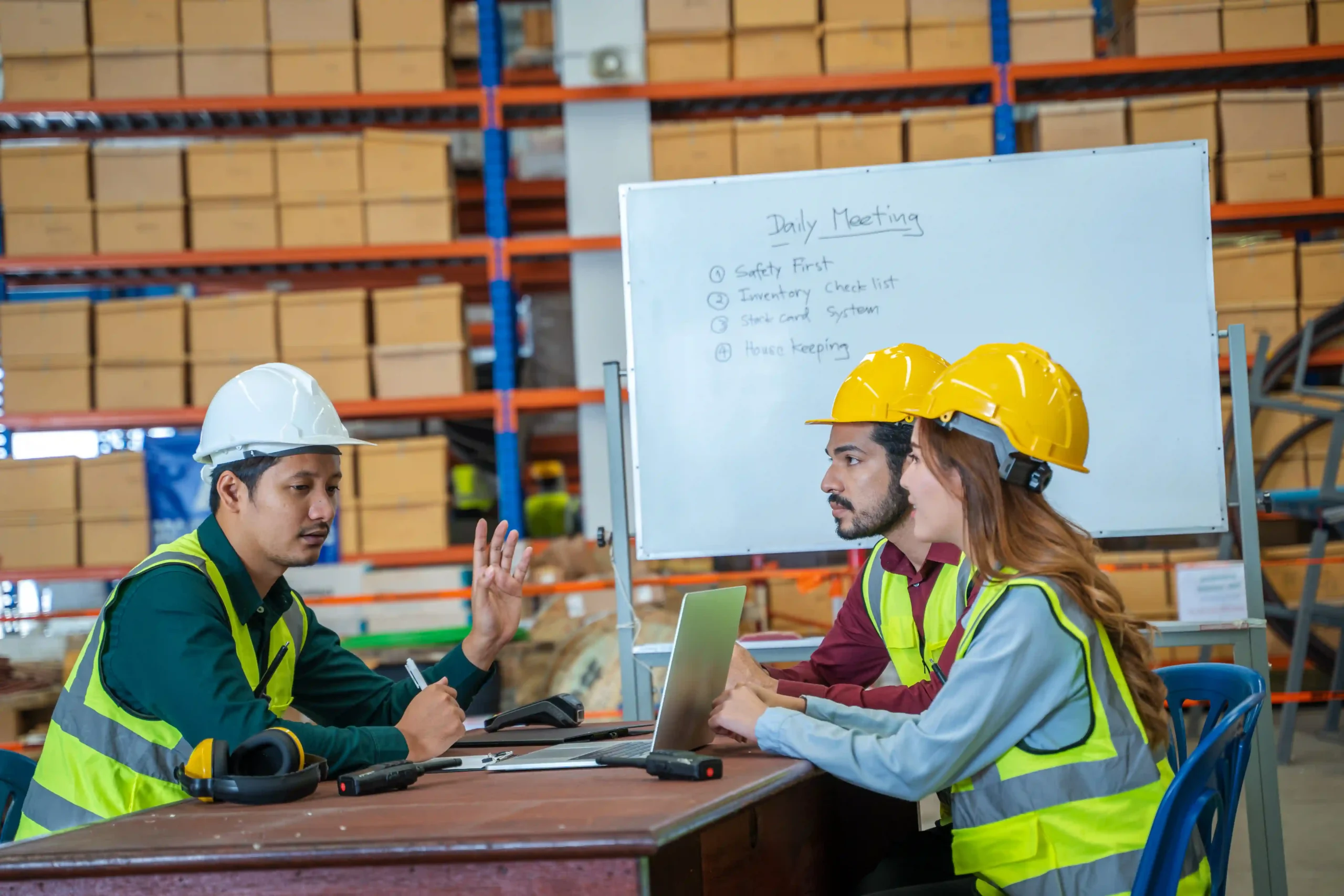 Warehouse team holding a logistics strategy meeting to improve third-party logistics services 2025.