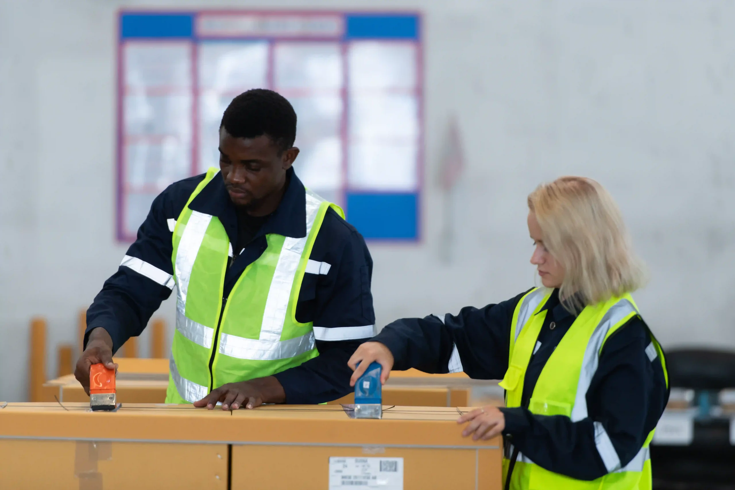 Two warehouse employees wearing reflective vests sealing boxes for shipping, highlighting the pick pack meaning in order fulfillment operations.