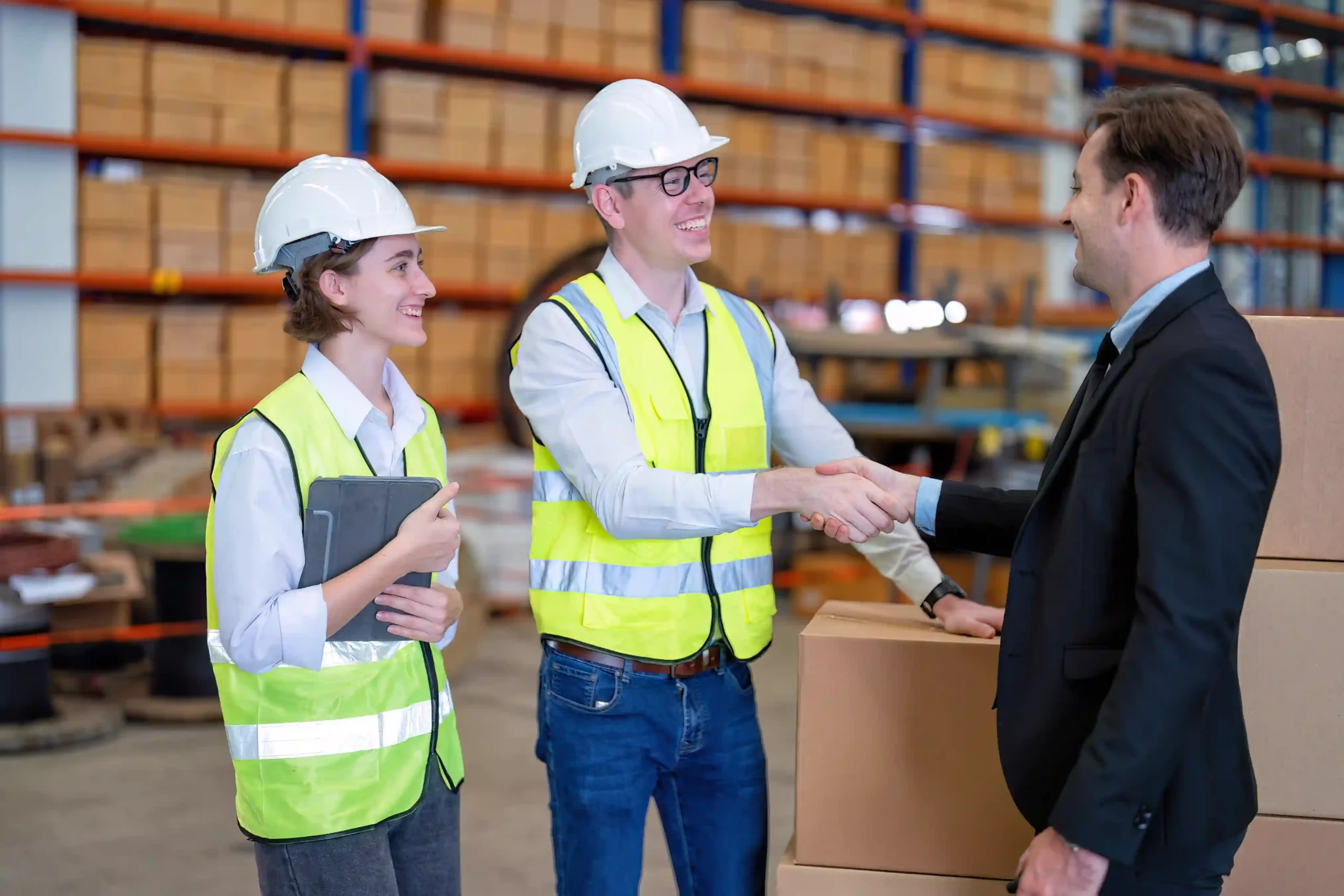 Small business owner shaking hands with representatives from a 3PL company after a successful warehouse tour