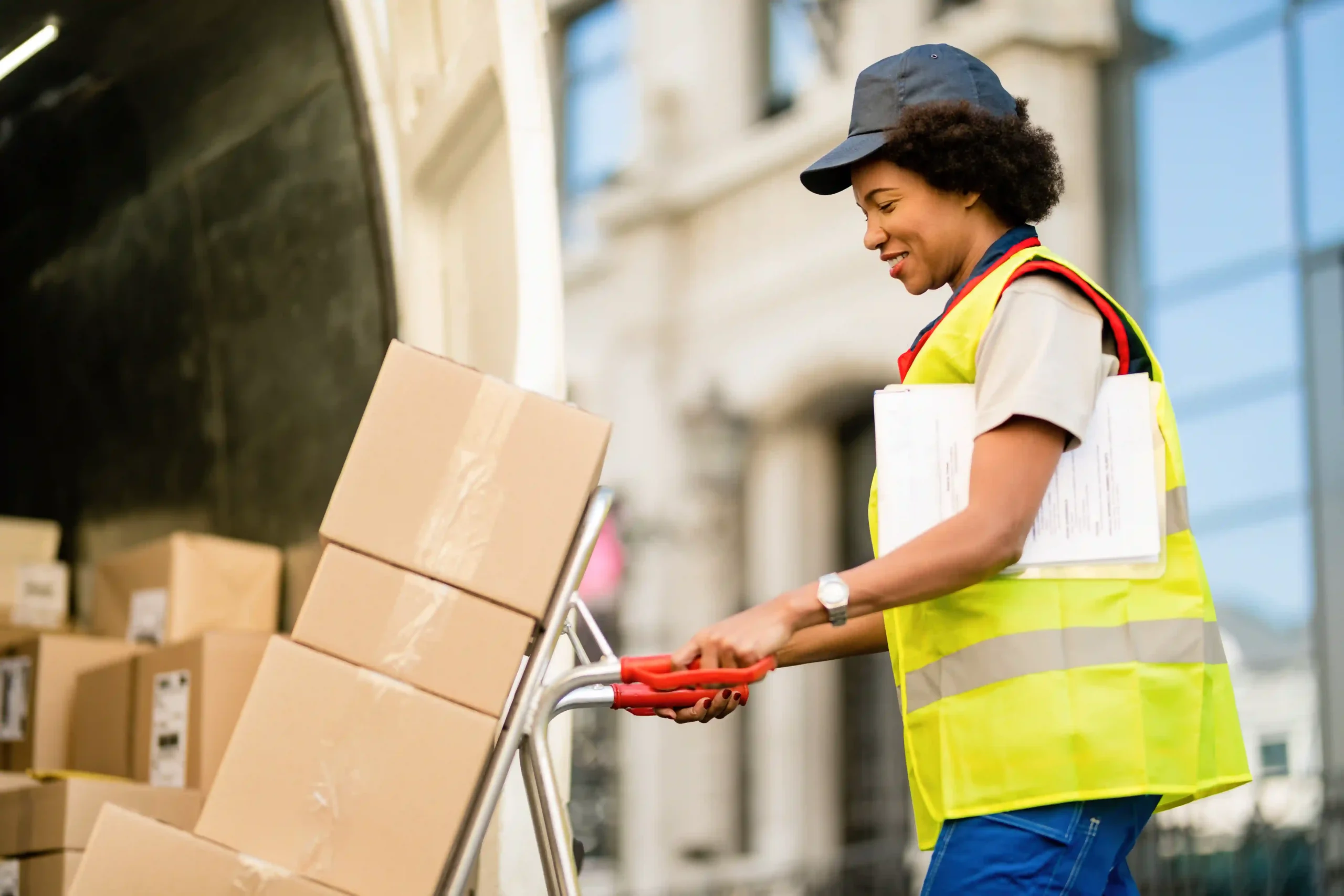 Delivery worker moving packages as part of an efficient 3PL freight services operation