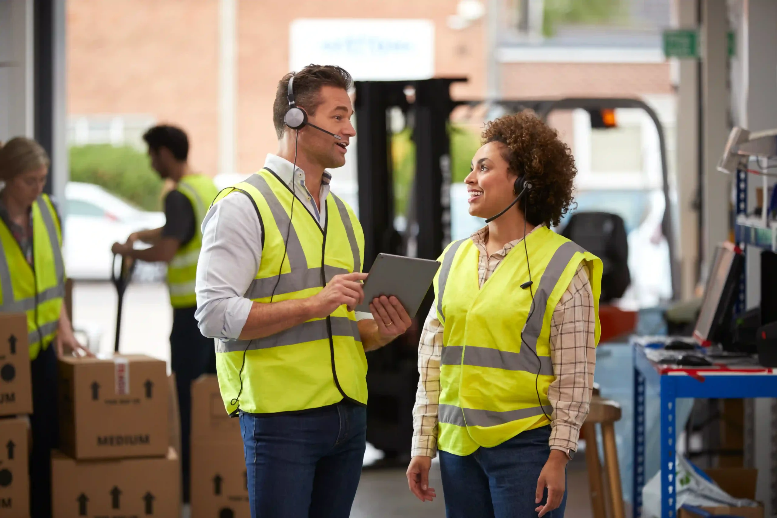 Warehouse supervisors discussing inventory tracking systems with headsets — distribution logistics meaning in action