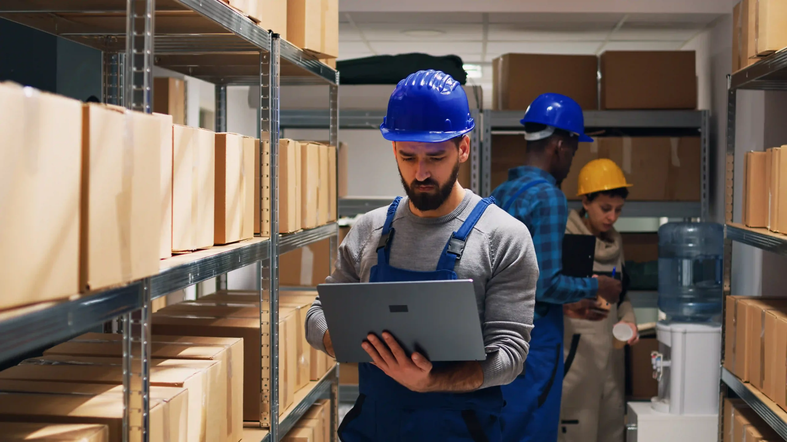Warehouse team member managing order fulfillment and distribution logistics on laptop