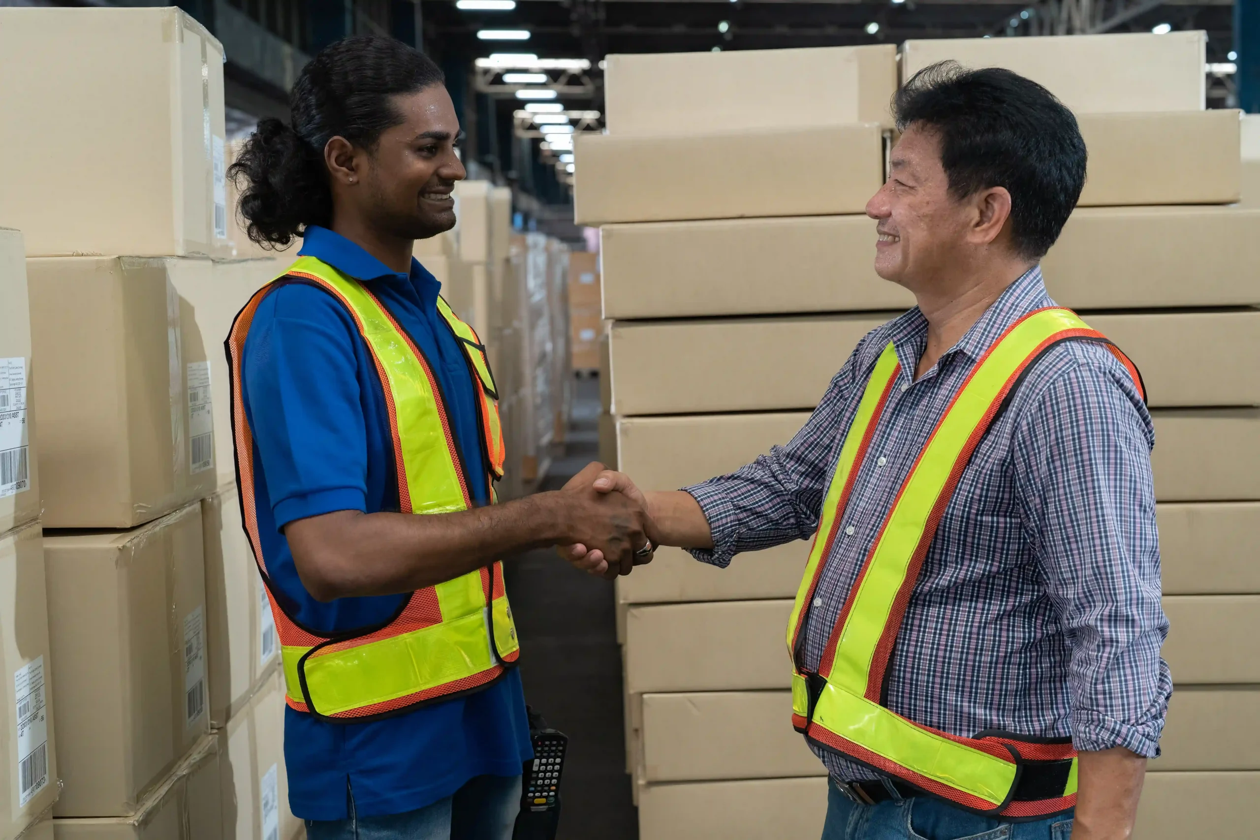 Warehouse manager and logistics staff handshake showing teamwork under international shipping regulations 2025