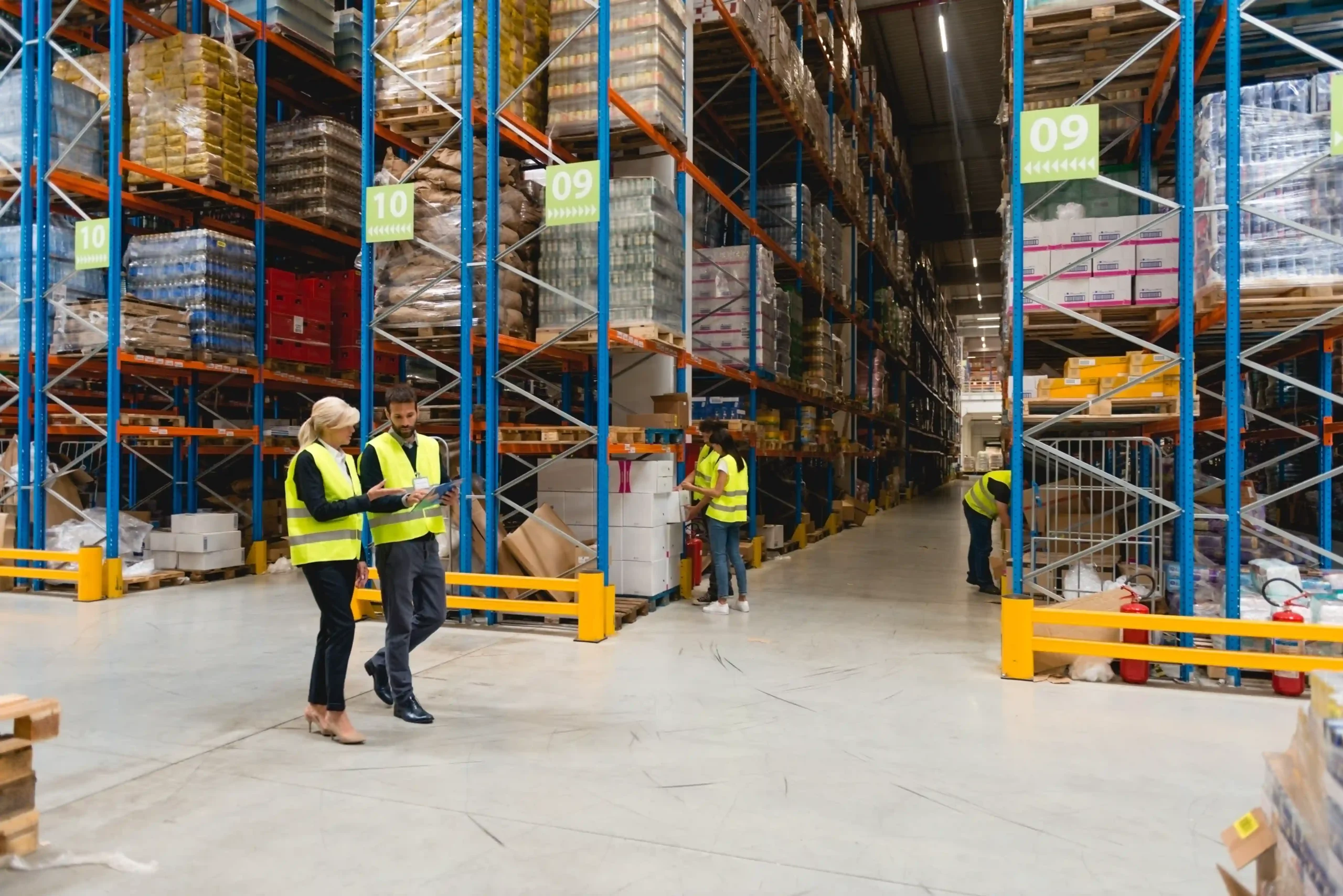 Managers reviewing inventory operations inside a distribution warehouse, illustrating the distribution warehouse meaning in action.