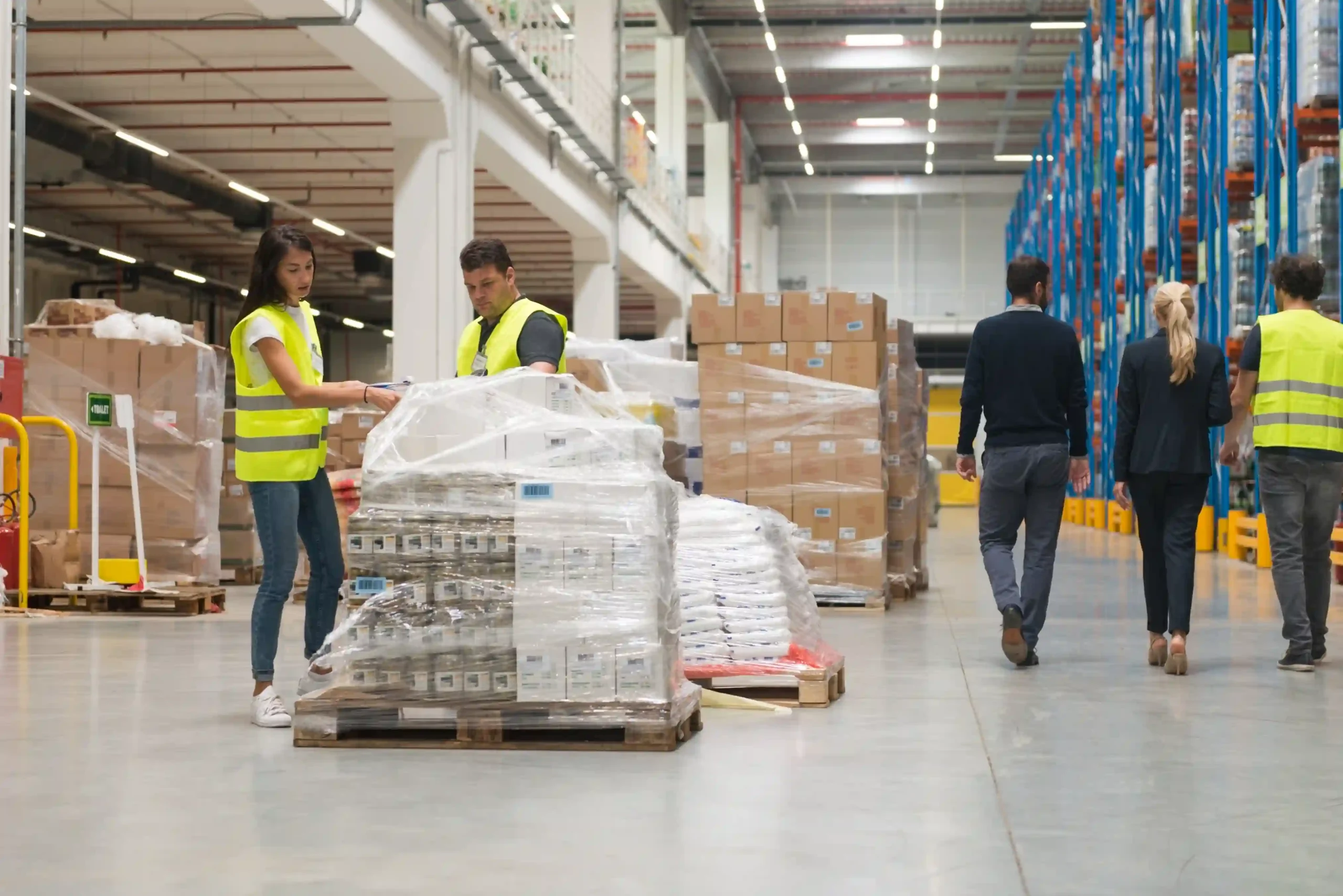 Logistics team managing bulk inventory in a distribution center — distribution logistics meaning visualized