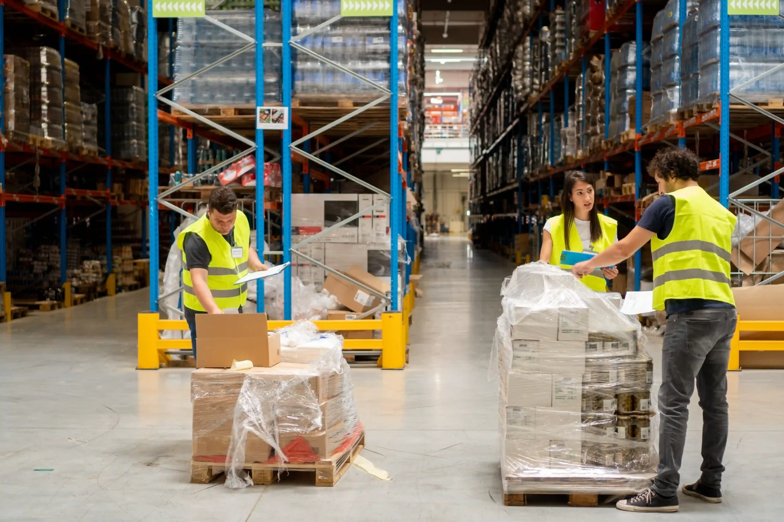 Warehouse workers organizing shipments and checking inventory, representing the hands-on process behind warehouse logistics meaning.