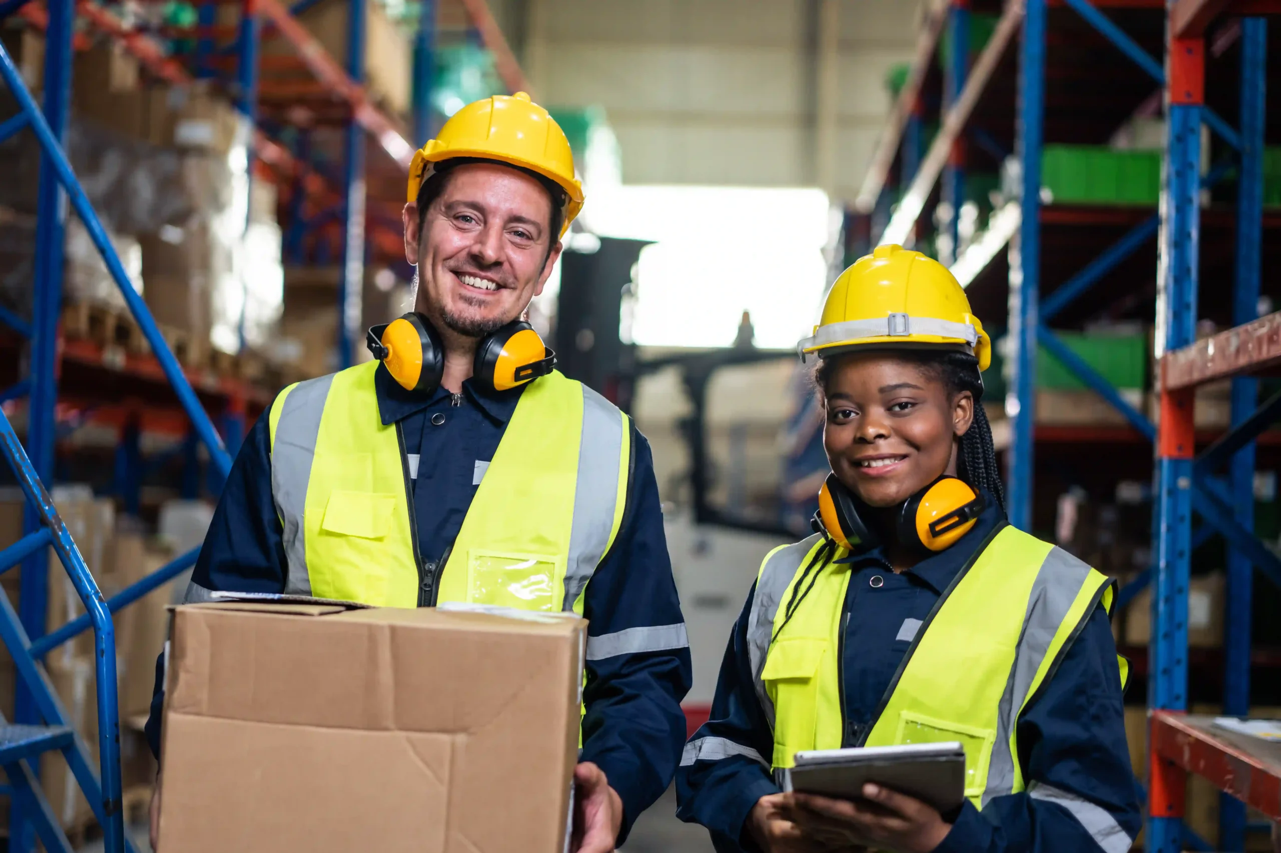 Smiling warehouse logistics team showcasing successful optimization practices in operations.