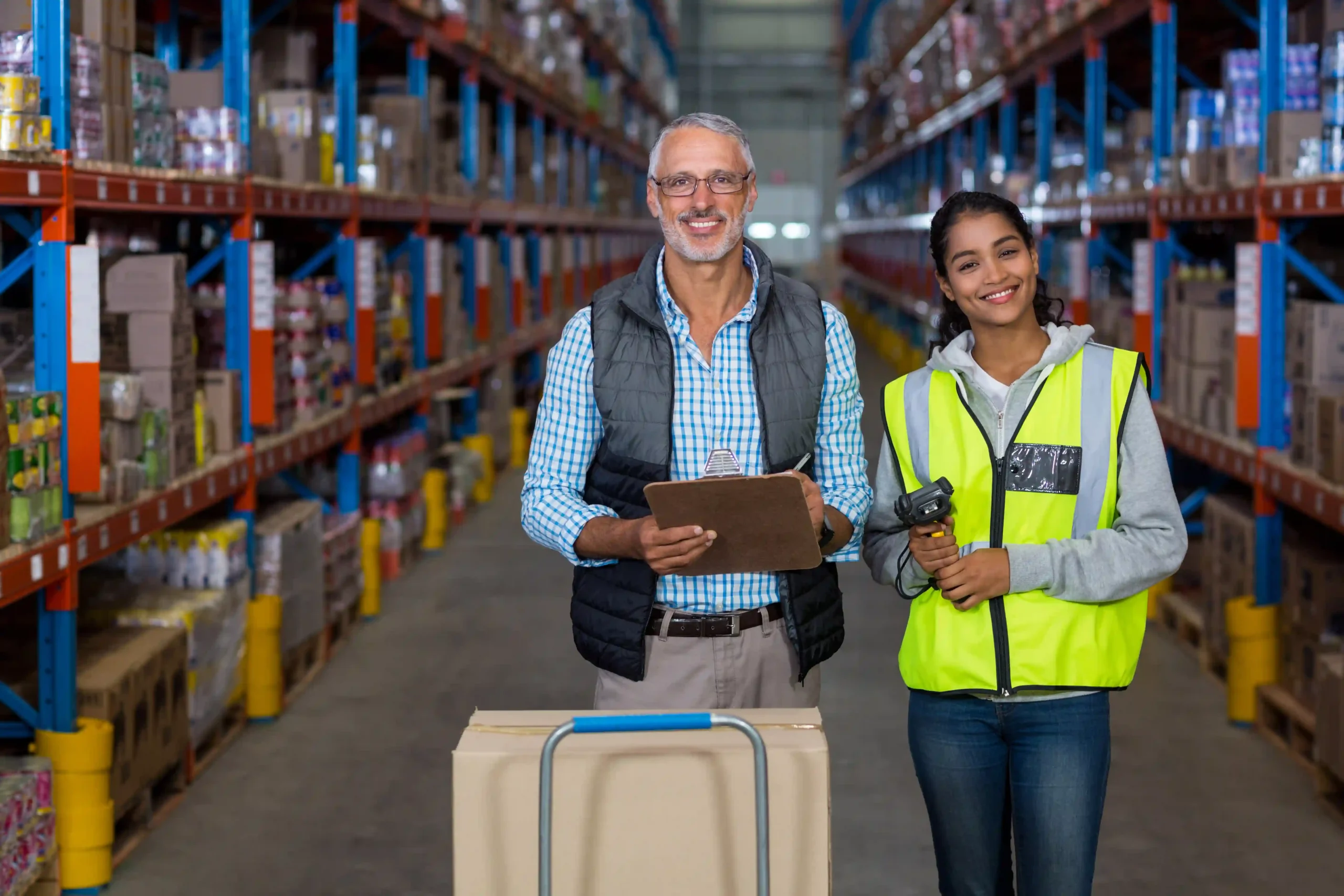 Warehouse logistics consultant posing with a satisfied team member after a successful workflow implementation.