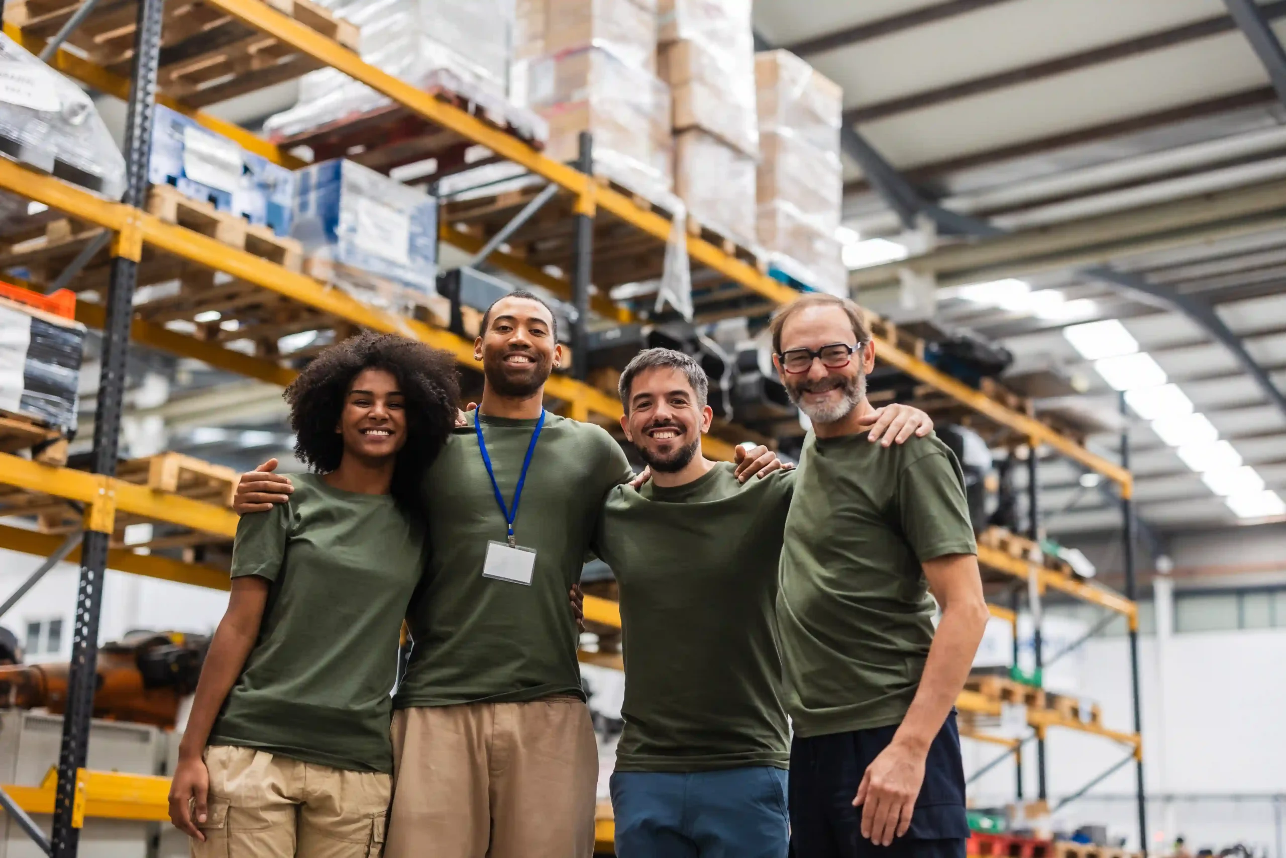 Logistics 3PL companies team standing together inside a modern warehouse facility